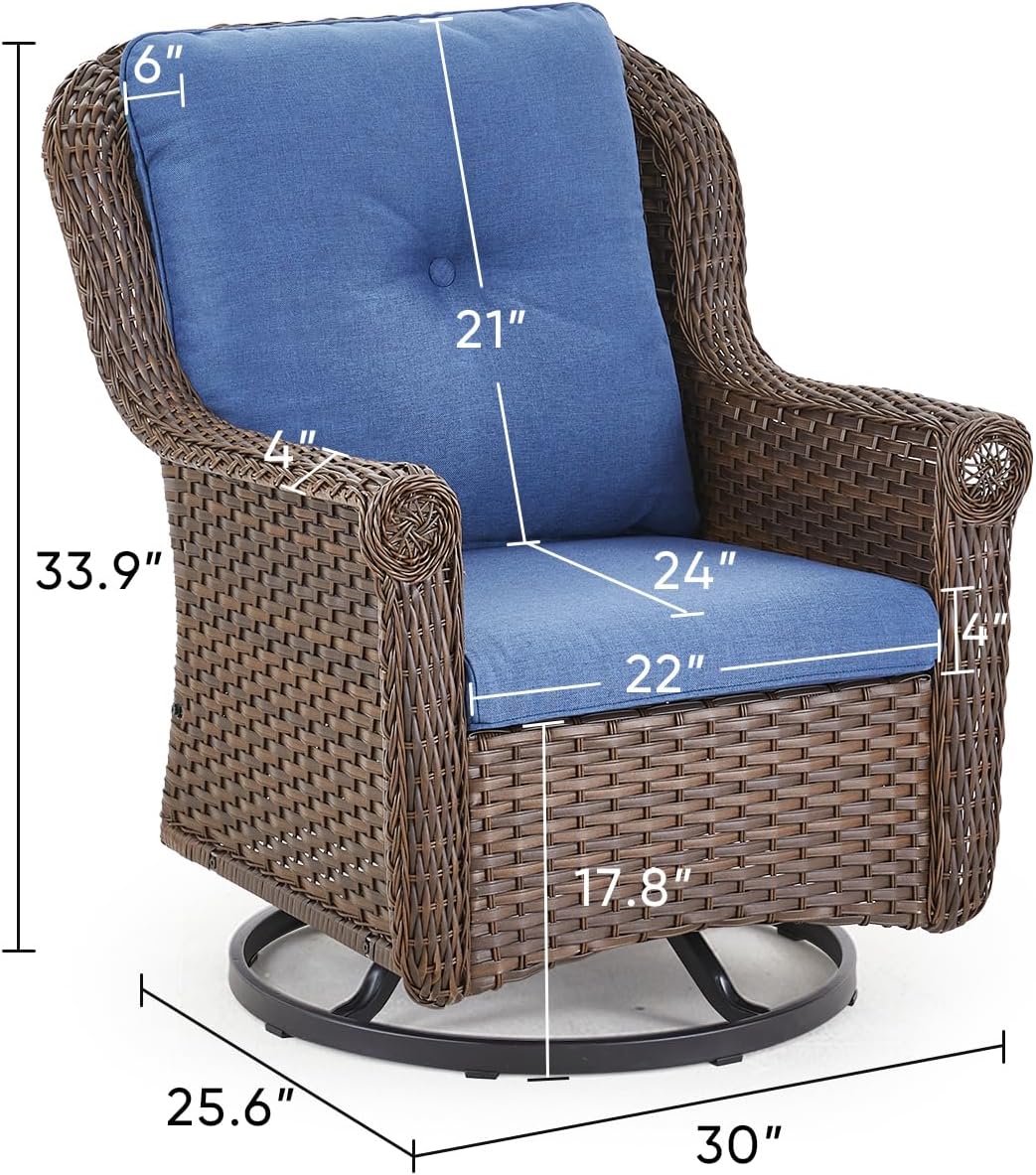 Patio Chairs Outdoor Swivel Glider - Set of 2 High Back Outside Brown Wicker Rattan Rocking Chair with Thick Cushion for Porch Apartment Deck Yard Poolside Garden - Navy Blue