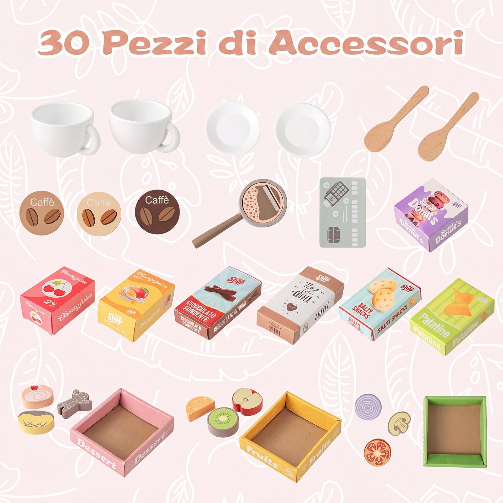 COSTWAY Mercato Giocattolo per Bambini, Negozio Giocattolo in Legno (Rosa) | con Cassa, Macchina Caffè e Distributore Automatico, Banco Mercato Giocattolo con Scaffali e 30 Accessori, per Bambini 3+ Ann