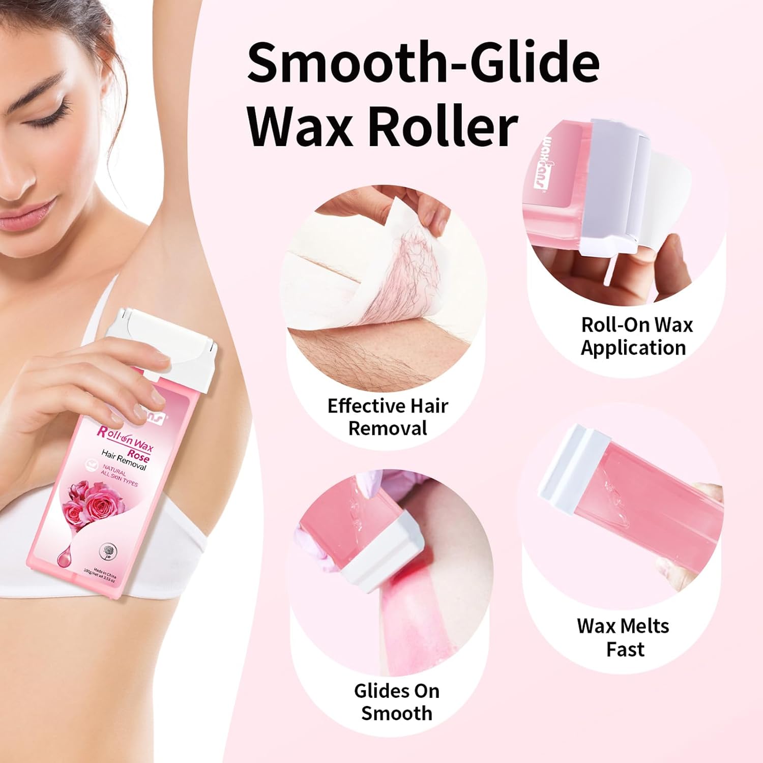 Waxfans Roll On Wax Refill,Waxing Roller Refill for Hair Removal,100% Natural,Quick Melting - For Coarse and Fine Hairs.with 3.53 Ounce(Pack of 4) Honey Wax Rollers, 50 Strips (Pink)
