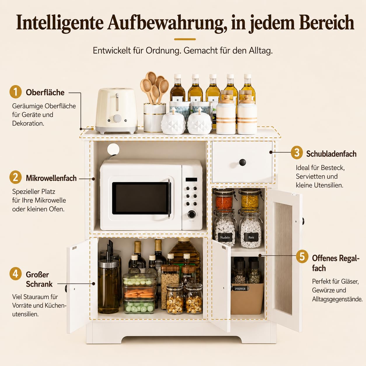 Yorbay Weiß Küchenschrank mit Arbeitsplatte und Mikrowellenregal: Sideboard mit 1 Schublade und 3 Türen für Küche - Mehrzweckschrank mit Kippschutz für Esszimmer Wohnzimmer