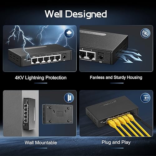 Miniatura 6 de Binardat Conmutador POE Gigabit de 5 puertos, 4 puertos POE+ 1000Mbps, 1 Gigabit Uplink, IEEE802.3afat, fuente de alimentación de 65W, Mini caja