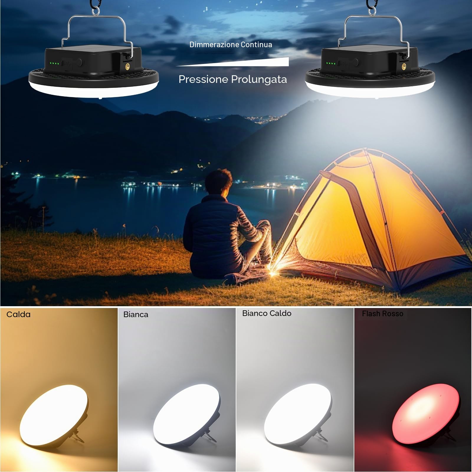 iodoo 60W Lampada da Campeggio Solare Ricaricabile, 16500mAh Portatile Power Bank Luce Campeggio, 3000LM LED Luce da Tenda, 3 Colori 2700-6500K, per Campeggio, Escursionismo ed Emergenze Familiari