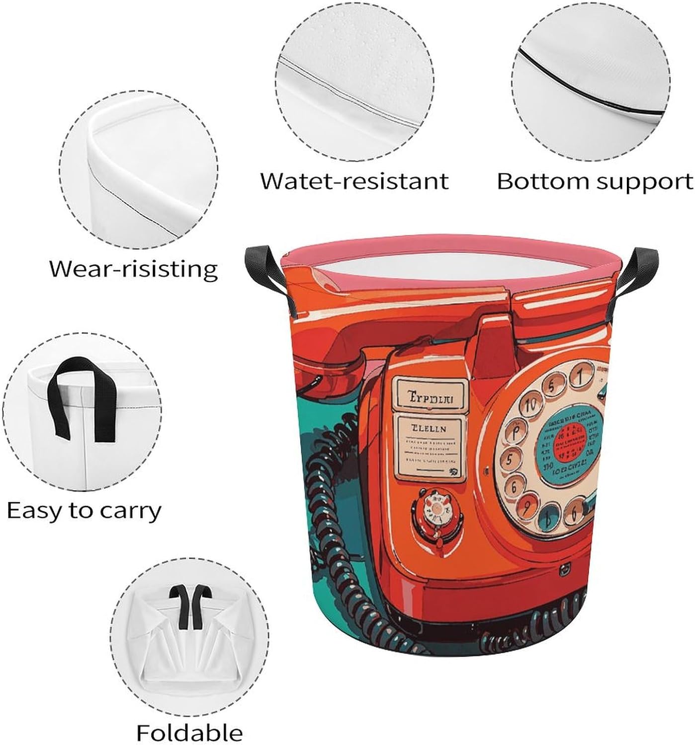 13.8 × 13.8 × 17.3 Inches Collapsible Laundry Baskets England UK Retro London Telephones Printed Waterproof Laundry Hamper Foldable Dirty Clothes Storage Bin for Bathroom Bedroom Office image 4