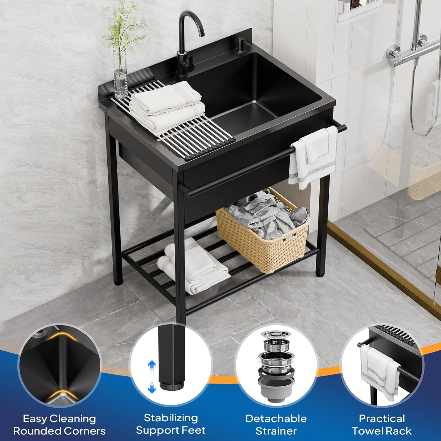 ROVSUN Stainless Steel Utility Sink, Free Standing with Faucet & Draining Rack for Laundry Room, Kitchen, Restaurant, Garage, Outdoor Garden, Backyard, Industrial 22"D x 30.71"W x 40.35"H Black