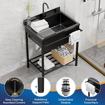 ROVSUN Stainless Steel Utility Sink, Free Standing with Faucet & Draining Rack for Laundry Room, Kitchen, Restaurant, Garage, Outdoor Garden, Backyard, Industrial 22D x 30.71W x 40.35H Black