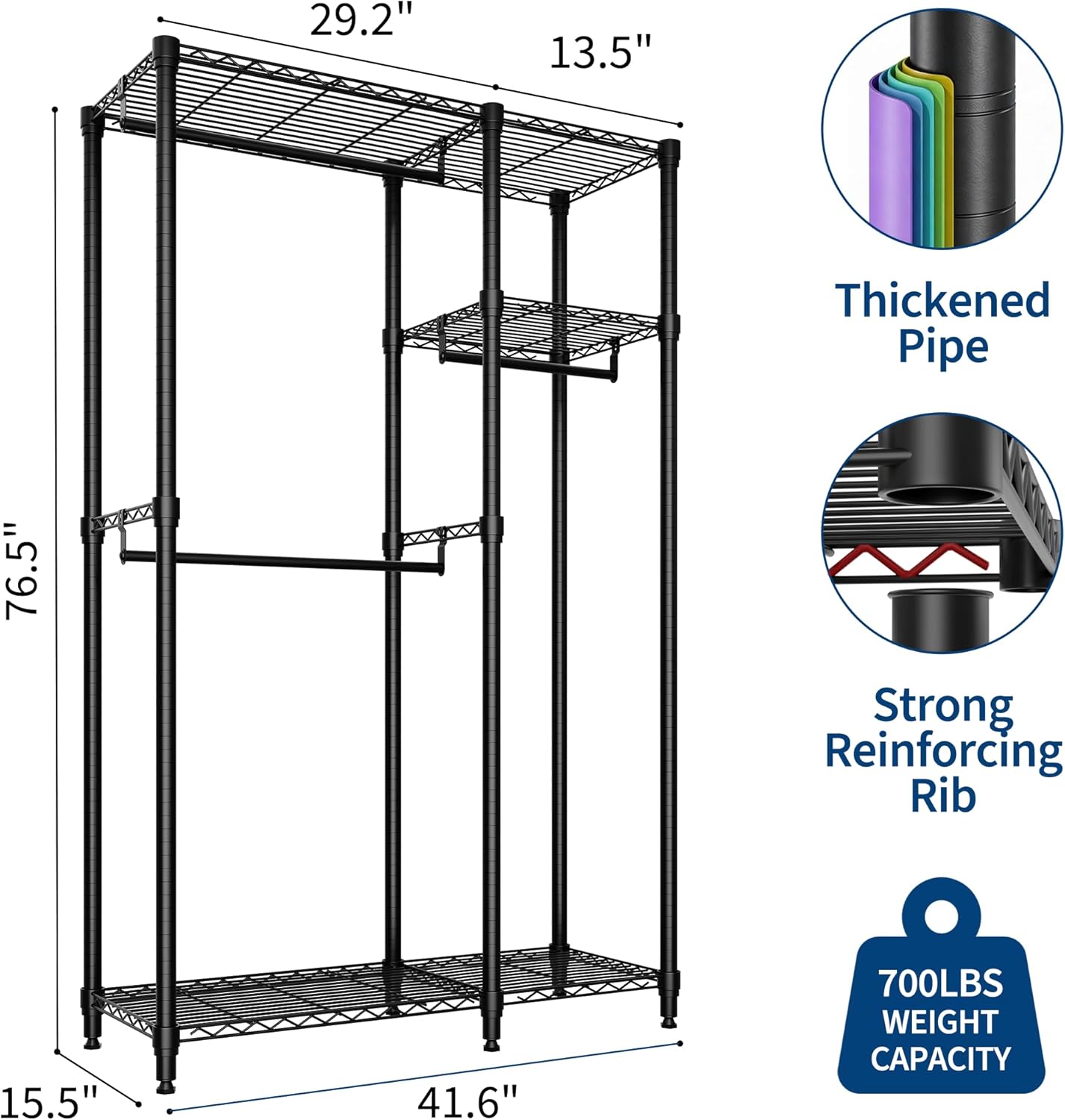 Freestanding Clothes Rack for Hanging Clothes, Heavy Duty Garment Rack Loads 700LBS with 3 Hanging Rods and Adjustable Wire Shelves, Portable Closet Wardrobe Organizer, 76.5"H x 41.6"L x 15.5"W, Black