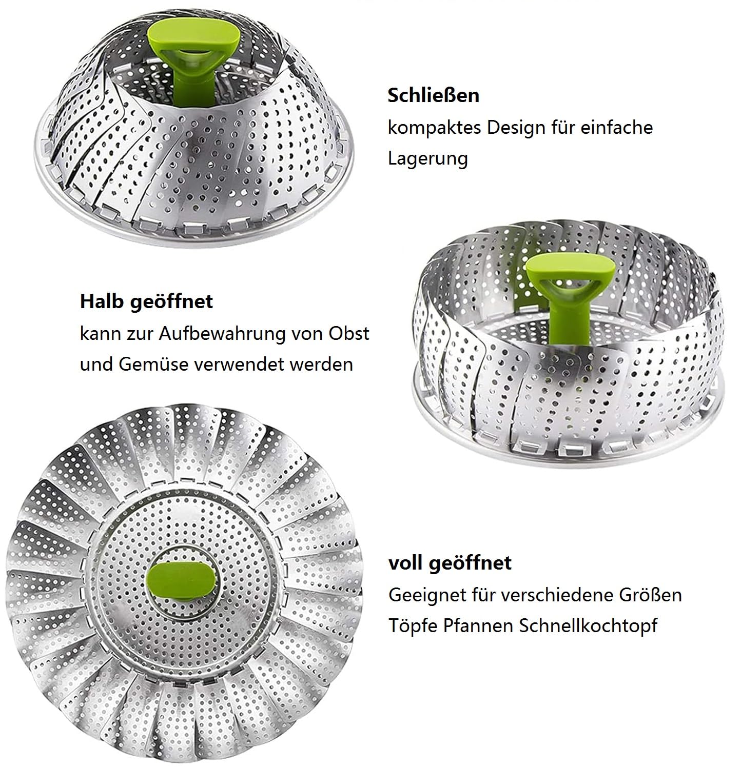 Voarge Stainless Steel Steamer Insert for Pot with Anti-Hot Extendable Handle and Non-Slip Legs - Image 2