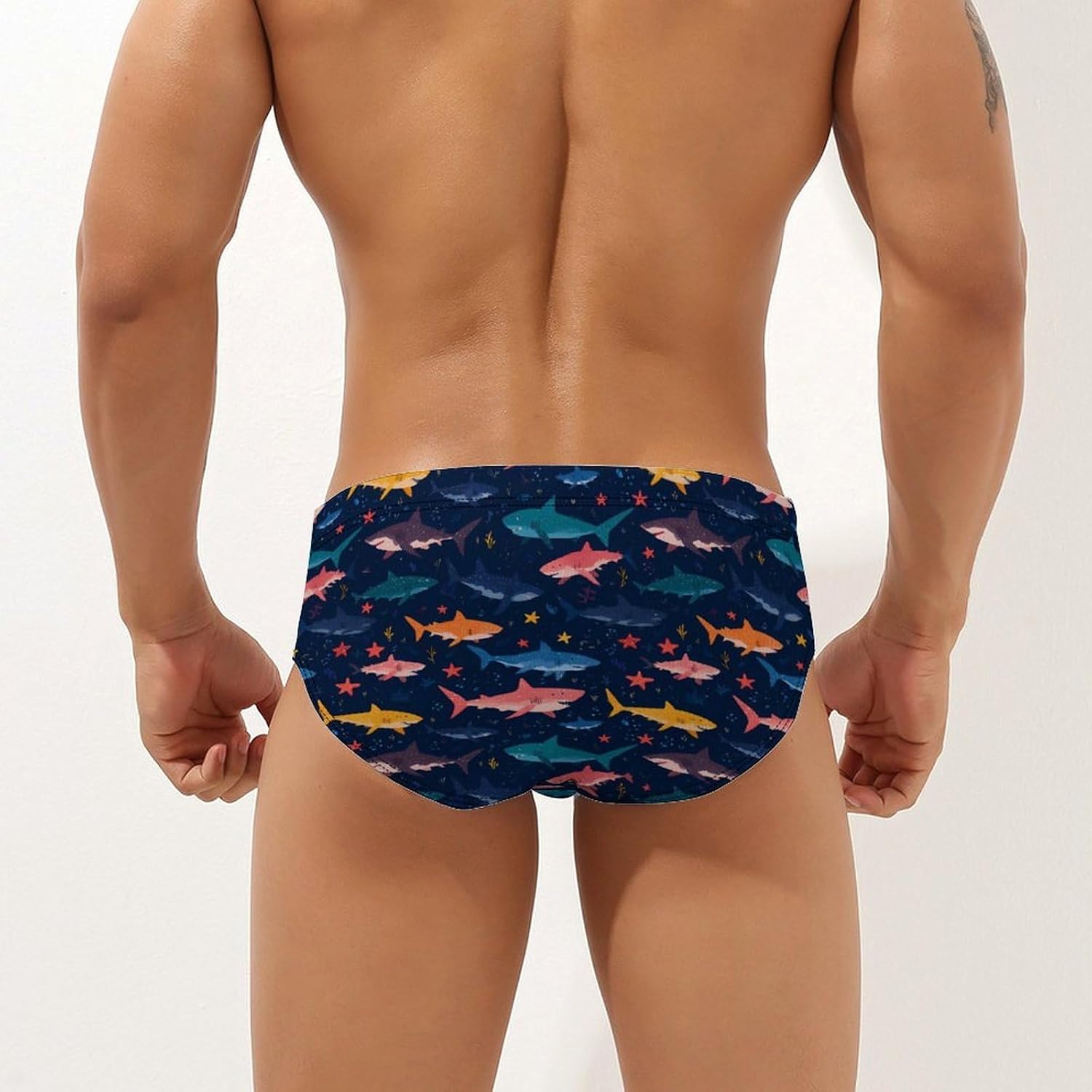 Shark Starfish Men's Swimsuit Brief Sexy Bikini Briefs Retro Printed Swimwear Quick Dry Swimming Trunks 3X-Large
