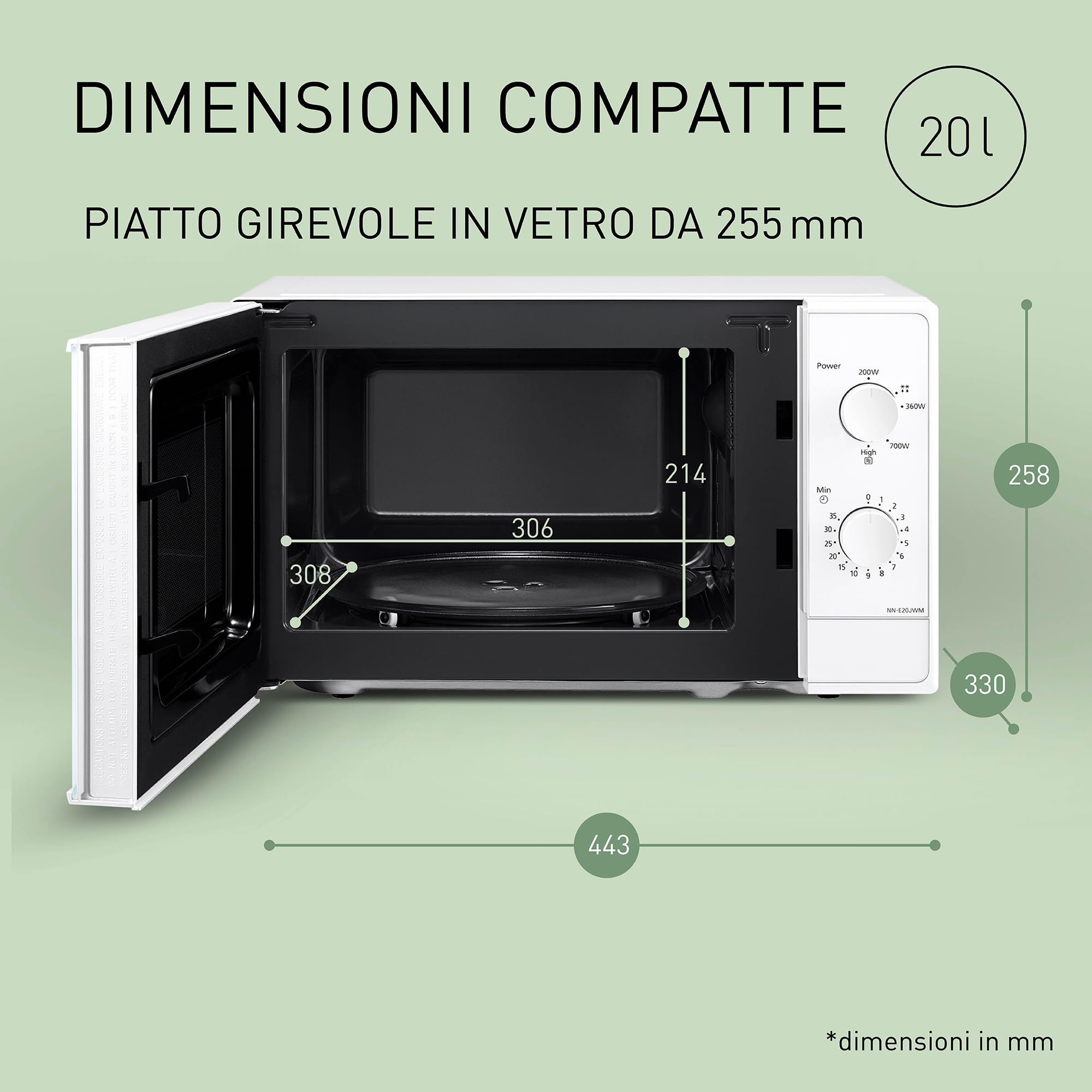 Panasonic NN-E20JWMEBG Forno a Microonde con Piatto Rotante in Vetro, 20L, 800W, Funzione Scongelamento, 5 Livelli di Potenza, Timer, Bianco