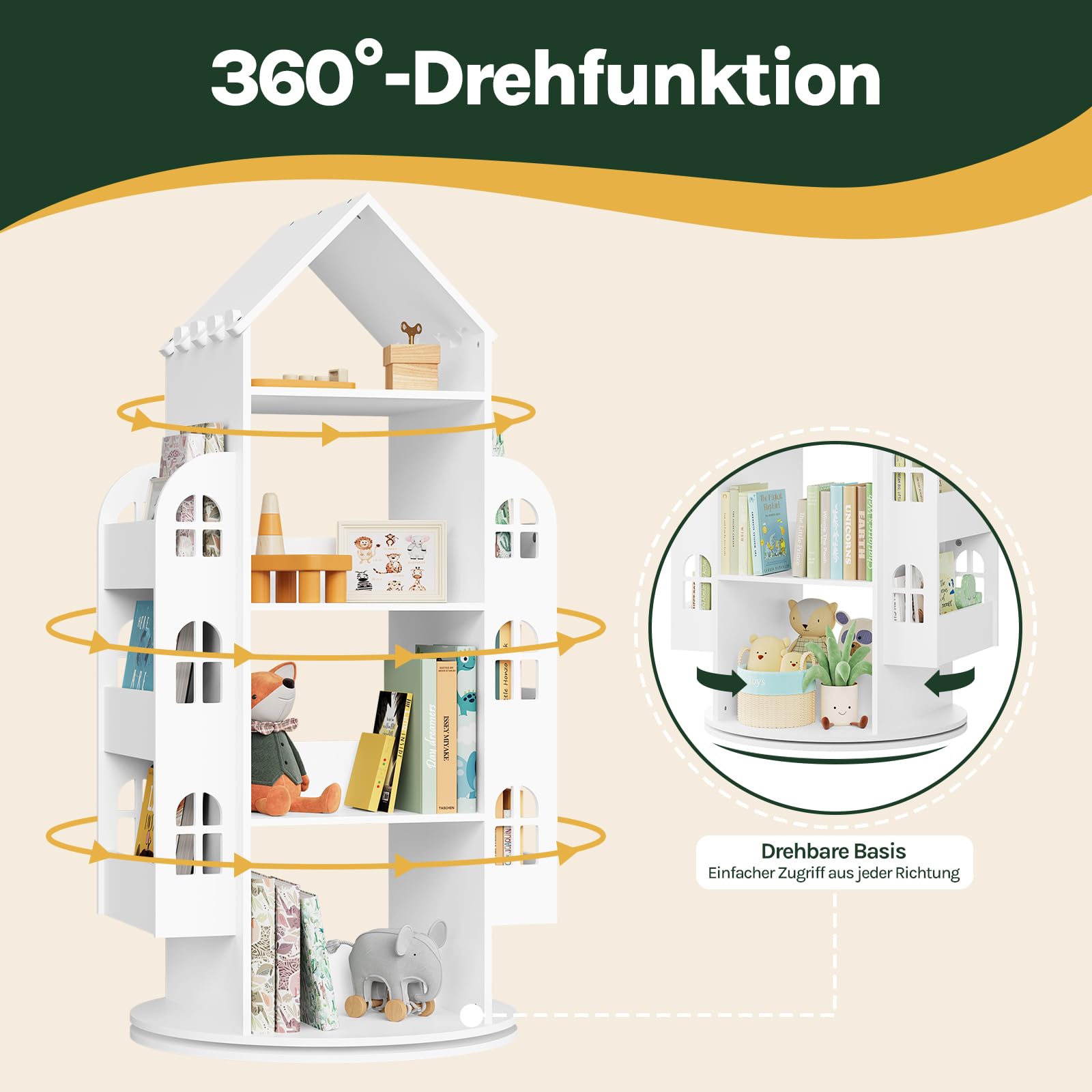 WOLTU Drehbares Bücherregal Kinder, mit 4 Ebenen 2 Seitenregalen, Weiß