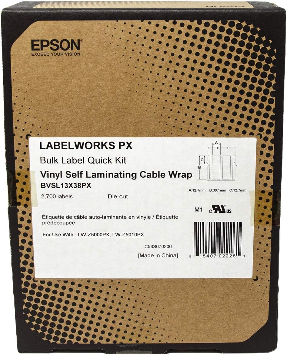 Epson LABELWORKSPX BVSL13X38PX Genuine Bulk Die Cut Self Laminating Overwrap Vinyl Tape - Black on White Flexible and Durable Industrial Label Maker Tape - 0.5" x 1.5" Wide, 2700 Labels per Roll