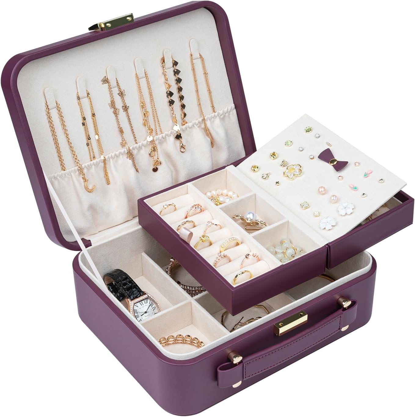 Travel Jewelry Case Organizer, Large Travel Jewelry Organizer, Travel Jewelry Box and Portable Travel Jewelry Case, Burgundy Red - Image 2