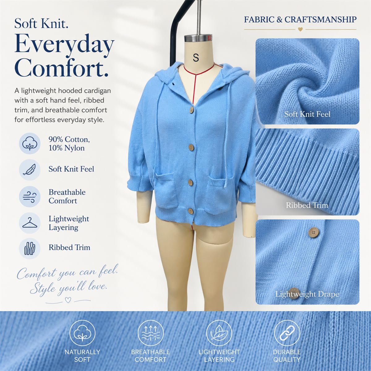 Chaqueta de punto con capucha para mujer, manga 3/4, con botones, cordón y