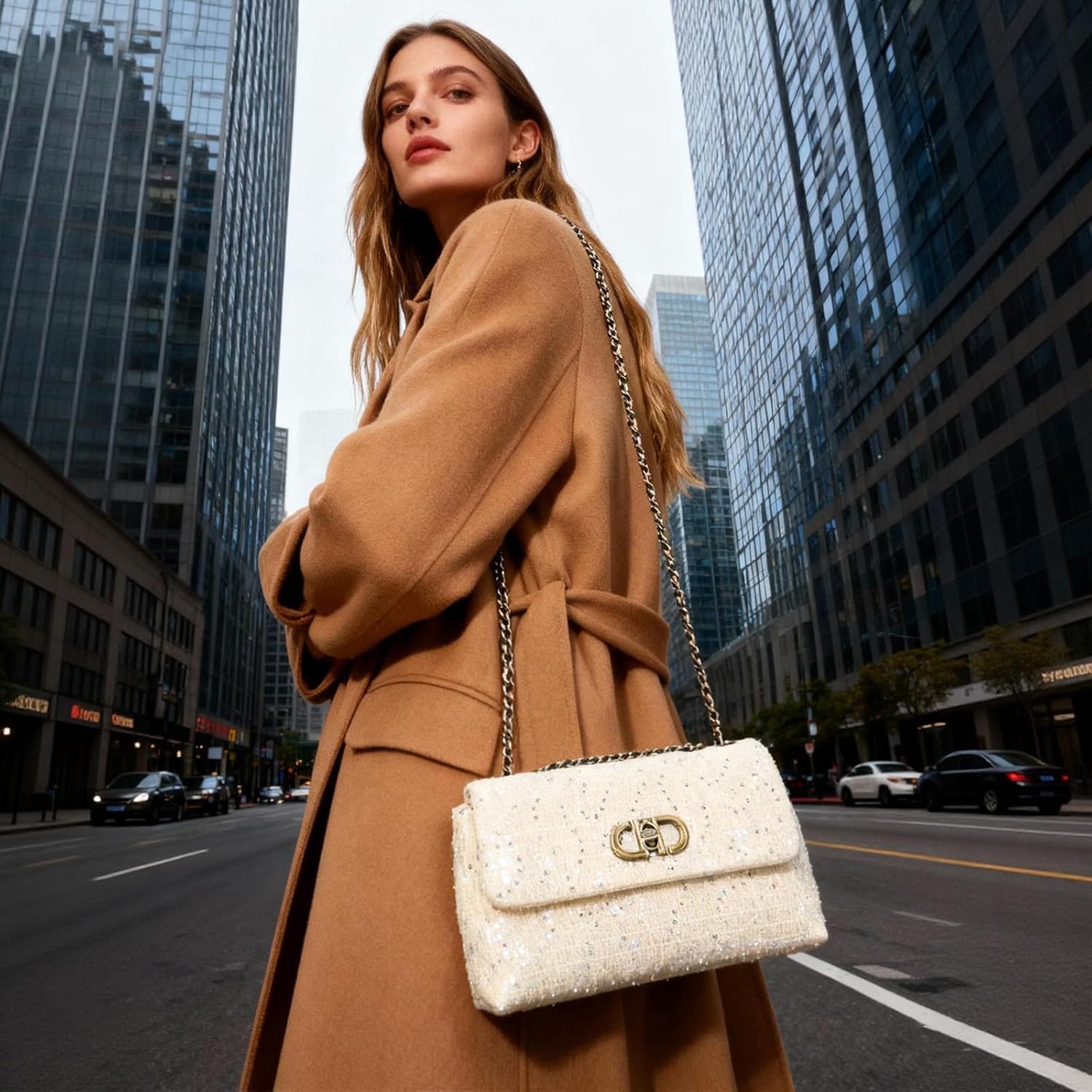 Tweed Crossbody Bag for Women,Elegant Quilted Shoulder Bag for Women,Evening Clutch for Weddings - Image 2