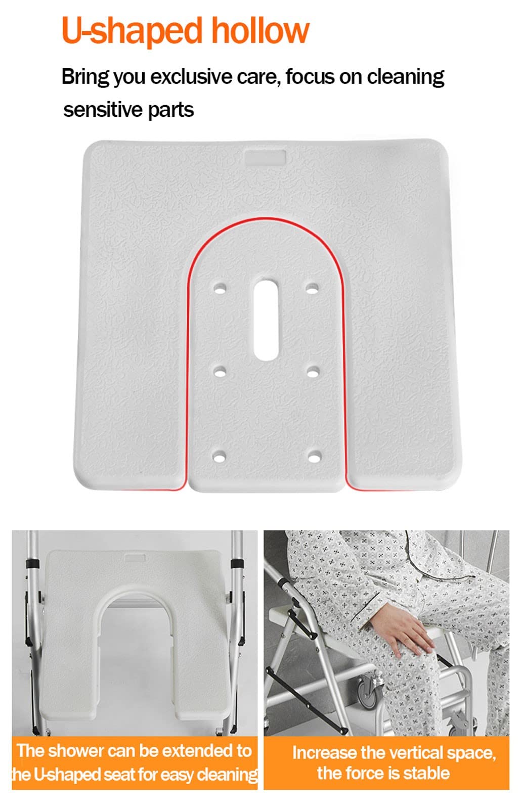 Silla para Ducha con Ruedas, Taburete de Ducha Plegable con Rueda de Freno Giratoria de 360° y Diseño Hueco en Forma de U, Silla de Baño para Ancianos y Mujeres Embarazadas, Aleación de Aluminio