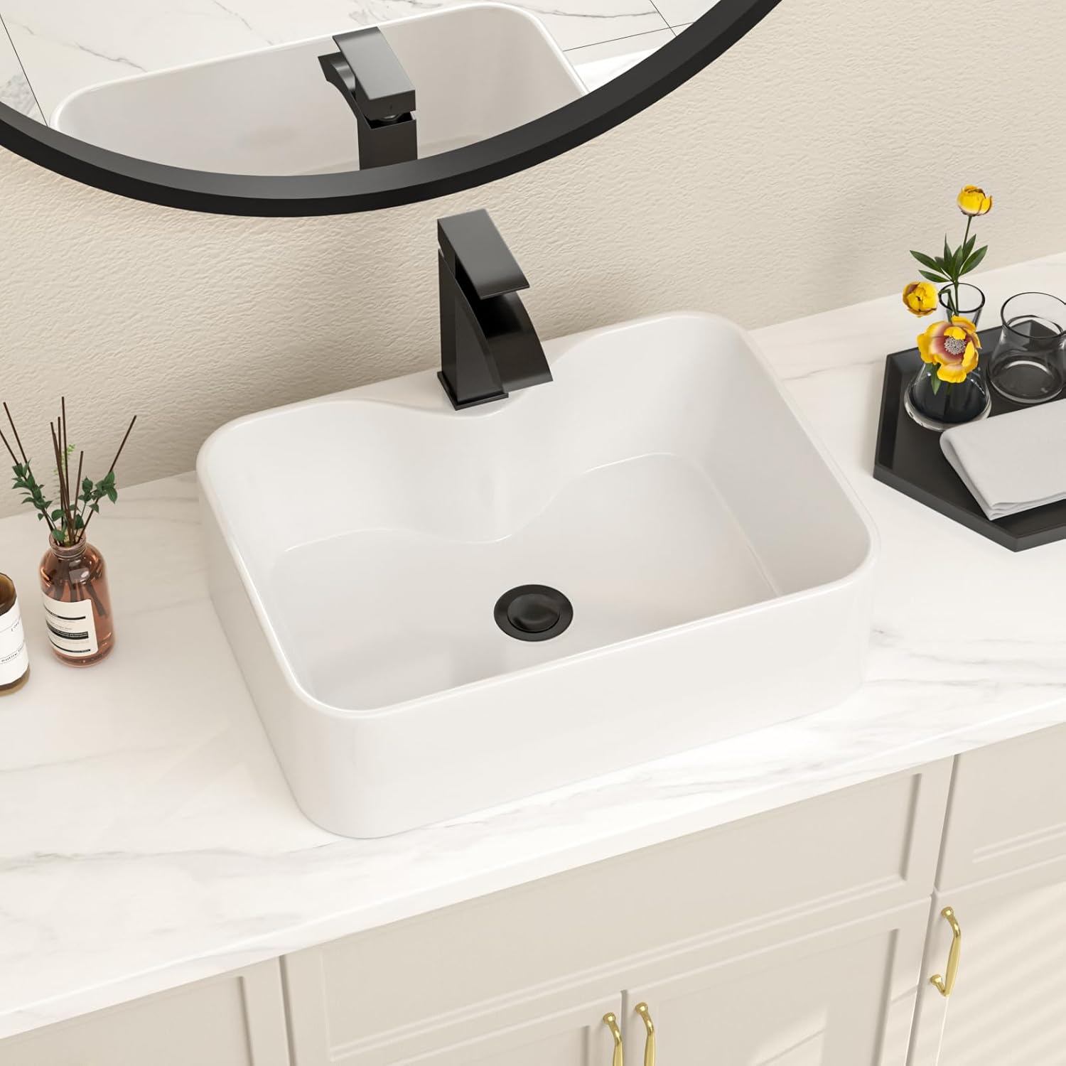 Bathroom Vessel Sink 19''x15'' with Black Faucet and Drain Combo, Rectangular White Ceramic Above Counter Vanity Sink for Modern Bathroom