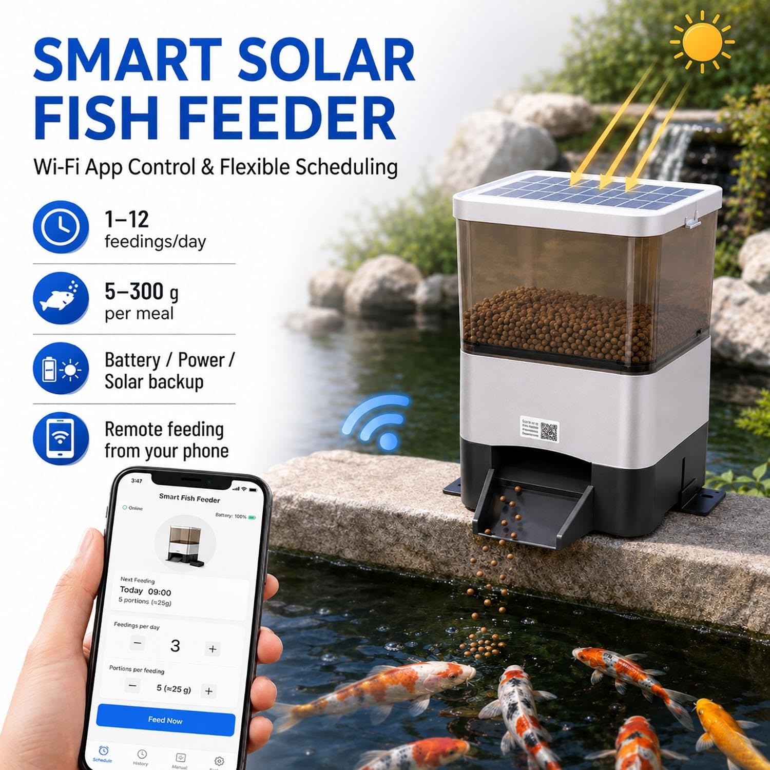 Distributore solare automatico di cibo per pesci da laghetto