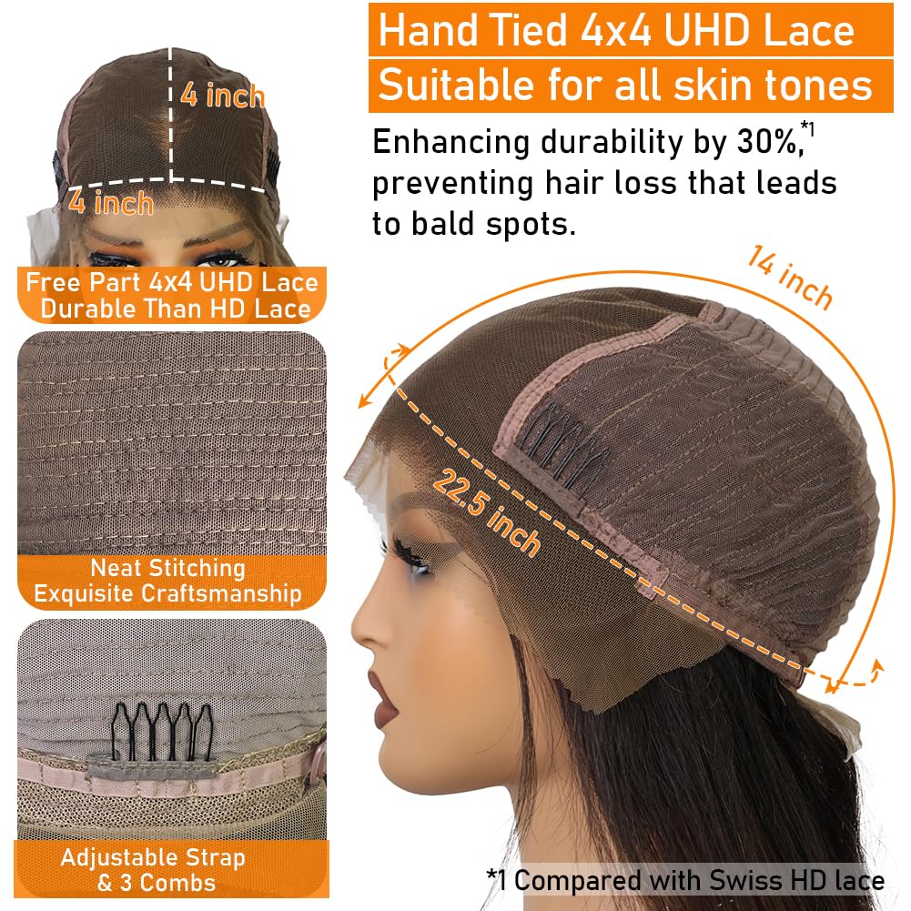 Glueless Ombre Brown Wigs Human Hair Layered With Bangs Pre Plucked Pre Bleached Straight Real Hair Wigs for Daily Use or Party Wig 4x4 Ombre UHD Lace Wig Human Hair for Women 180% 20 Inch