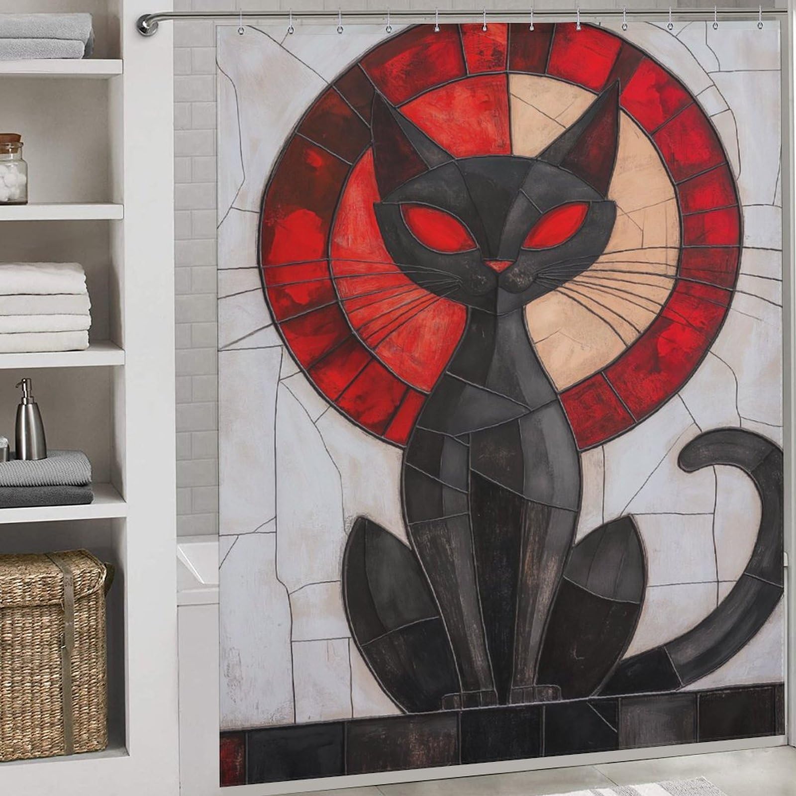 Rideau de douche imperméable à séchage rapide motif vitrail chat noir Toile de Jouy 177x180