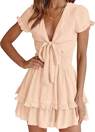 Vestido Casual De Punto Gofre, De Manga Corta, Cuello En V, Para Mujer, Estilo Casual, Liso, Fruncido, Para Mujer, Albaricoque