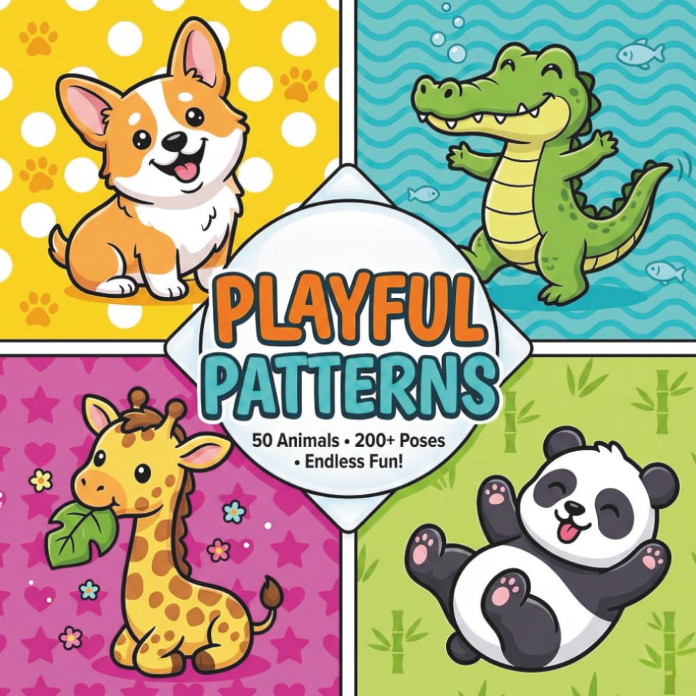 Playful Patterns: 50 Adorable Animals and Unique Patterns with Bold Lines for Kids Teens and Adults