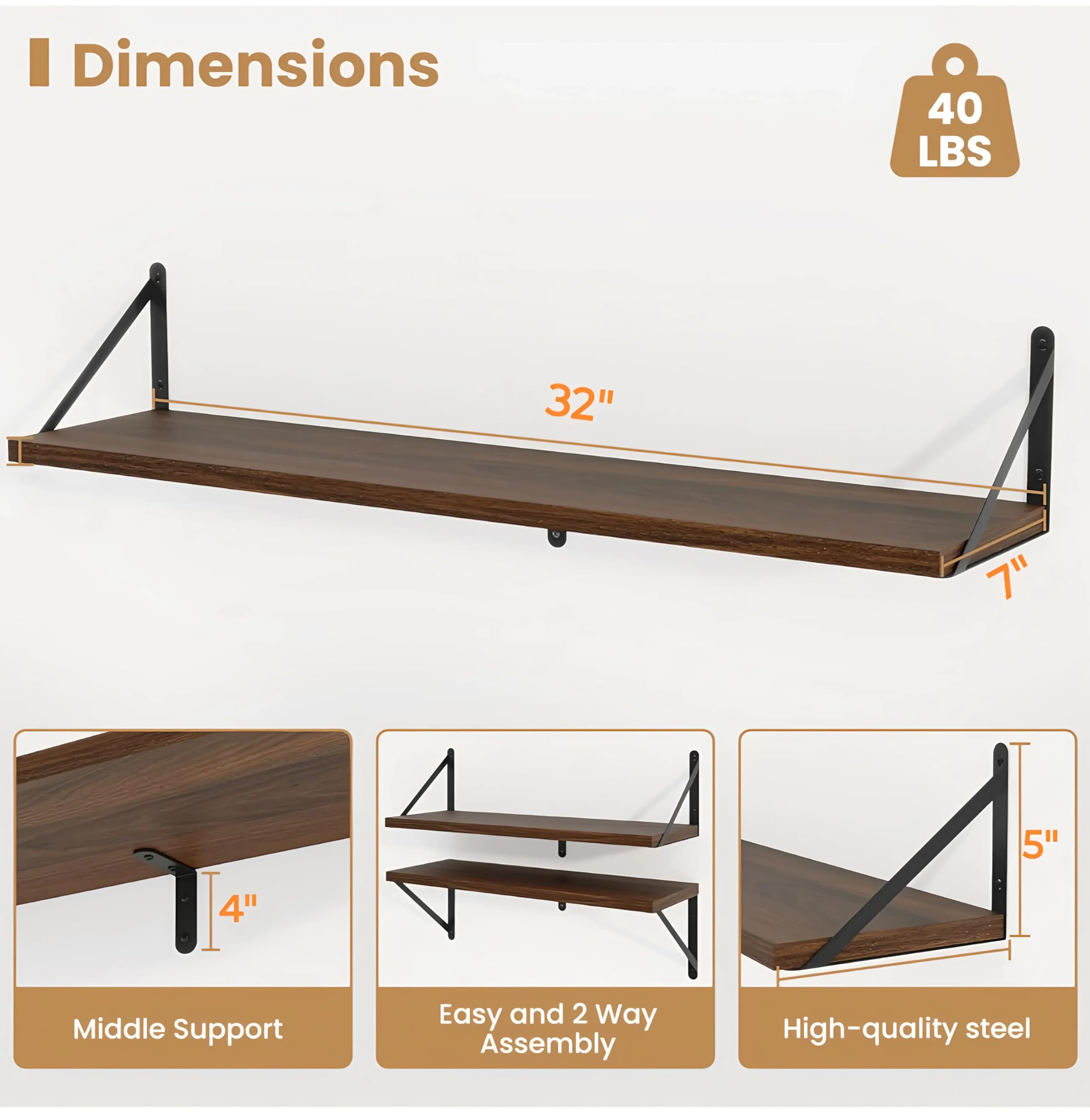 Shoper cart Floating Shelves for Wall Set of 3, Rustic Wood Floating Bookshelf for Bedroom, Large Wall Mounted Storage Shelves for Kitchen Bathroom Laundry Living Room TV Books (Brown, 32 INCHES)