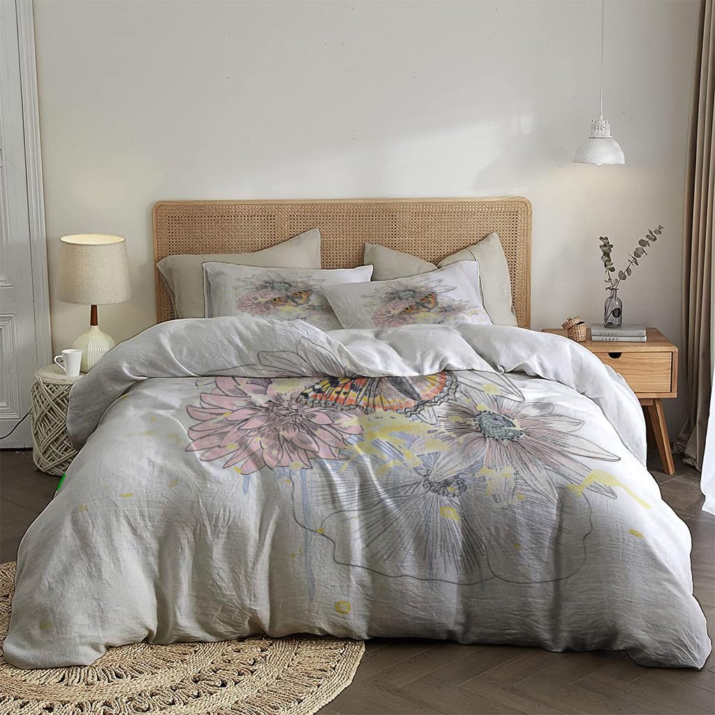 NIBAINLO 布団カバーAbstrack 蝶と花 肌に優しい ピーチスキン加工 掛け布団カバー 和式 洋式 あったか 布団カバーセット リバーシブル ホームステイ ホテル 家庭兼用