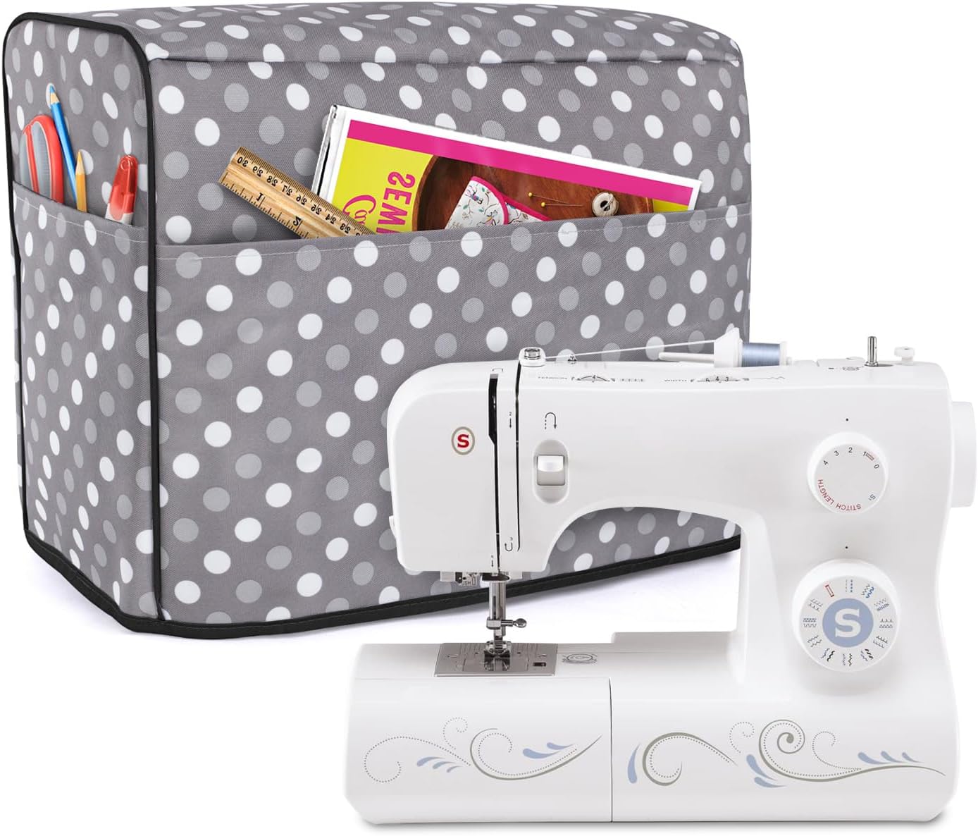 Luxja Dust Cover for Sewing Machine, Sewing Machine Cover with Pockets for Extra Accessories (Compatible with Brother and Singer), Gray Dots