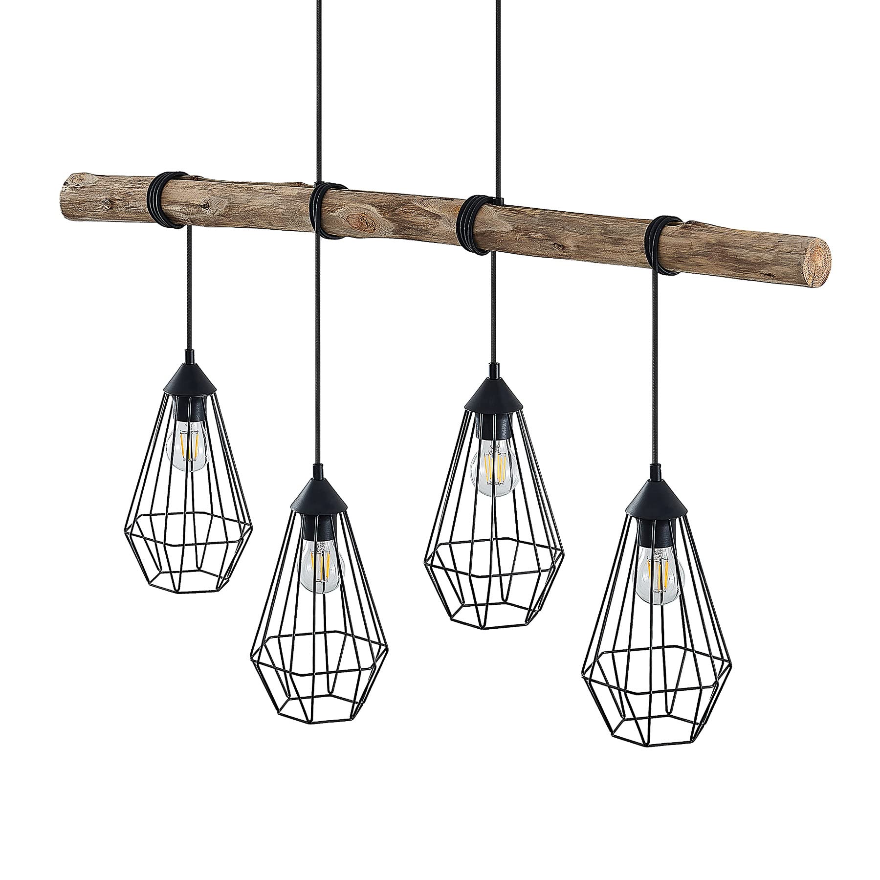 Lindby Esstisch Pendelleuchte Holz, Eisen Balkenpendelleuchte Holzast und Käfig Lampenschirm Holzlampe Lampe Wohnzimmer 4x E27 max. 60W ohne Leuchtmittel