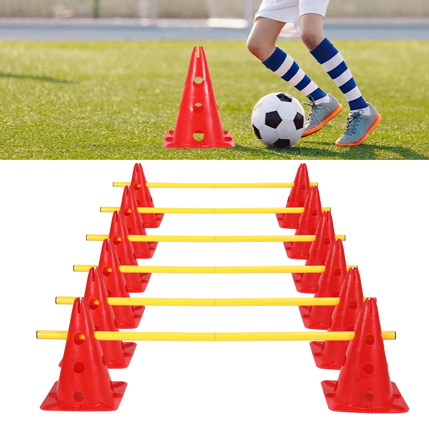 Lot de 12 cônes avec 6 barres, obstacles d'agilité, entraînement de coordination pour enfants, chiens, sports d'équipe, football, cônes multifonctions, pour les sports canins