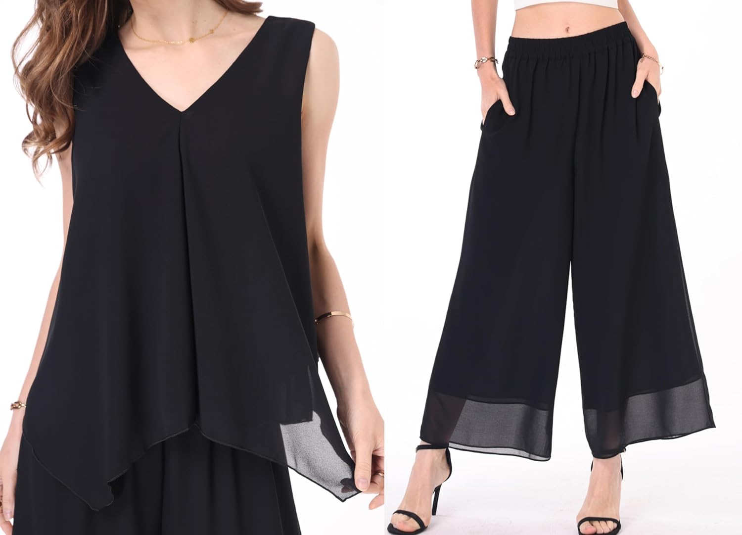 Women's 2 Piece Chiffon Sets Outfits Flowy Summer Casual Dressy Pantsuits Double Layers Blouse Capris Pants Suits