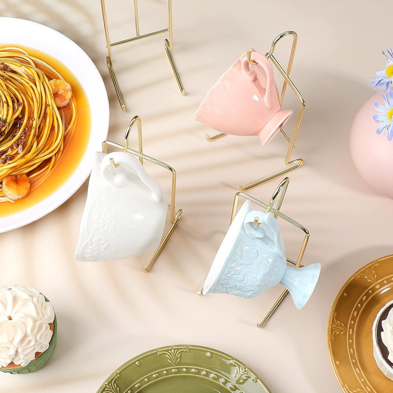 Suclain 16 Pcs Small Tea Cup and Saucer Display Stand Holder Rack China Metal Cup Saucer Holder Display Shelf Coffee Mug Organizer for Plate Teapot