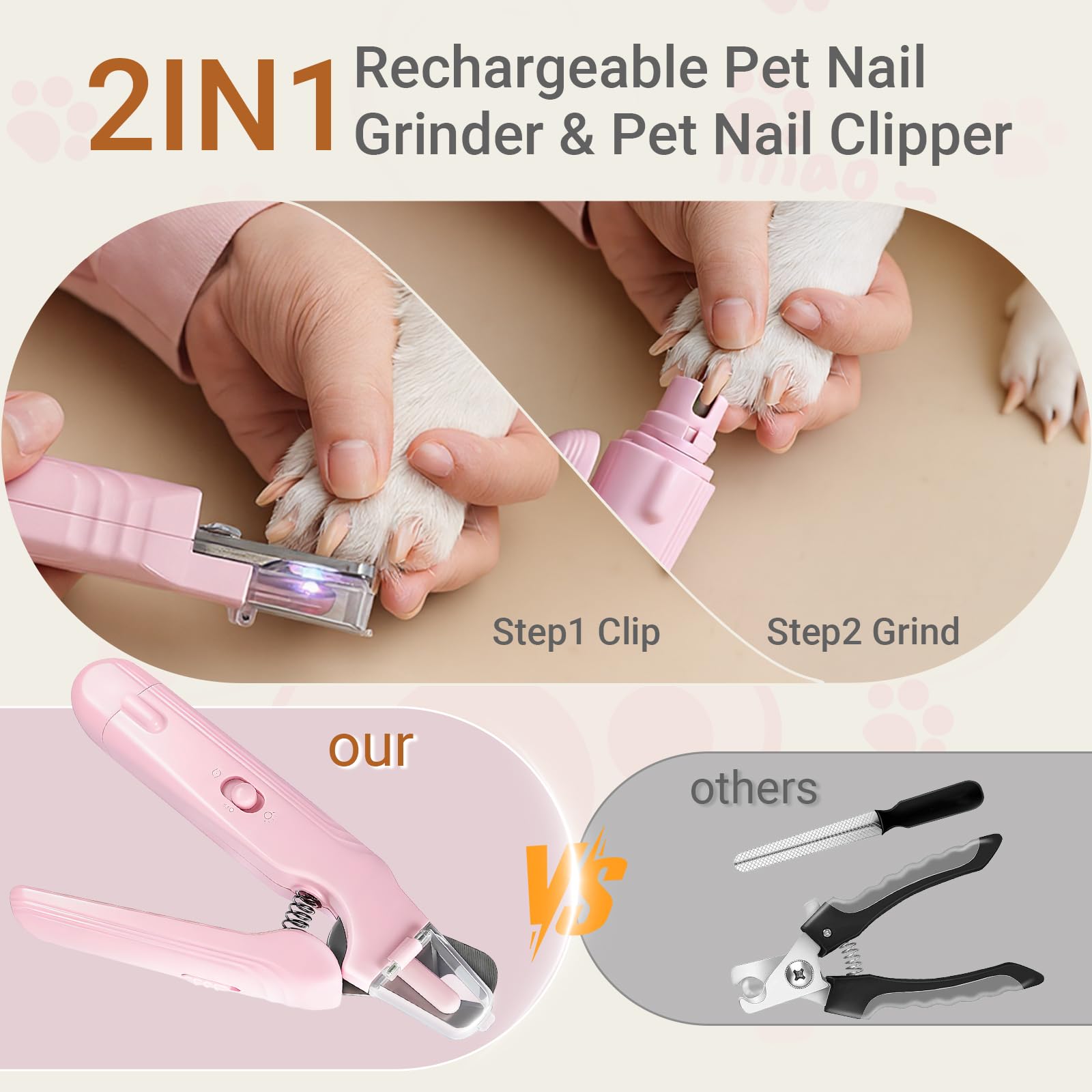 2 in 1 Dog & Cat Nail Clippers Grinder with Lights, Quick Sensor Safety Guard & Ultra-Quiet USB Rechargeable Cat & Dog Nail Trimmers for Small Medium Large Pets Nail Grinder with 2 bells(Pink) - image 5