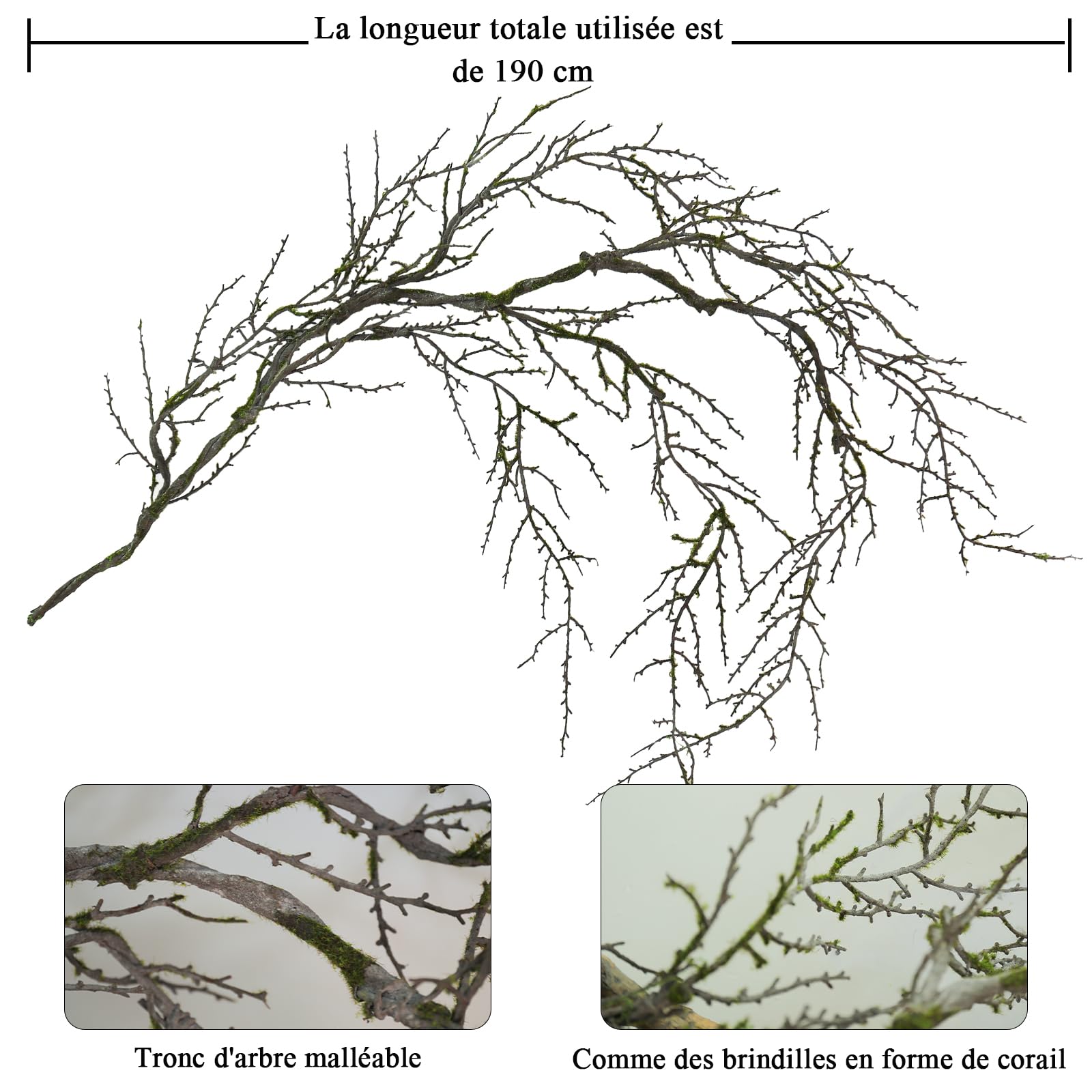 1 pcs 1,9m malléable Noir : Branches Tombantes Arbre Halloween, brindilles, Guirlande végétale, Mousse Suspendue, Faux Raisin, Vigne, forêt hantée, cheminée ext, Porche, Arche, déco Noël