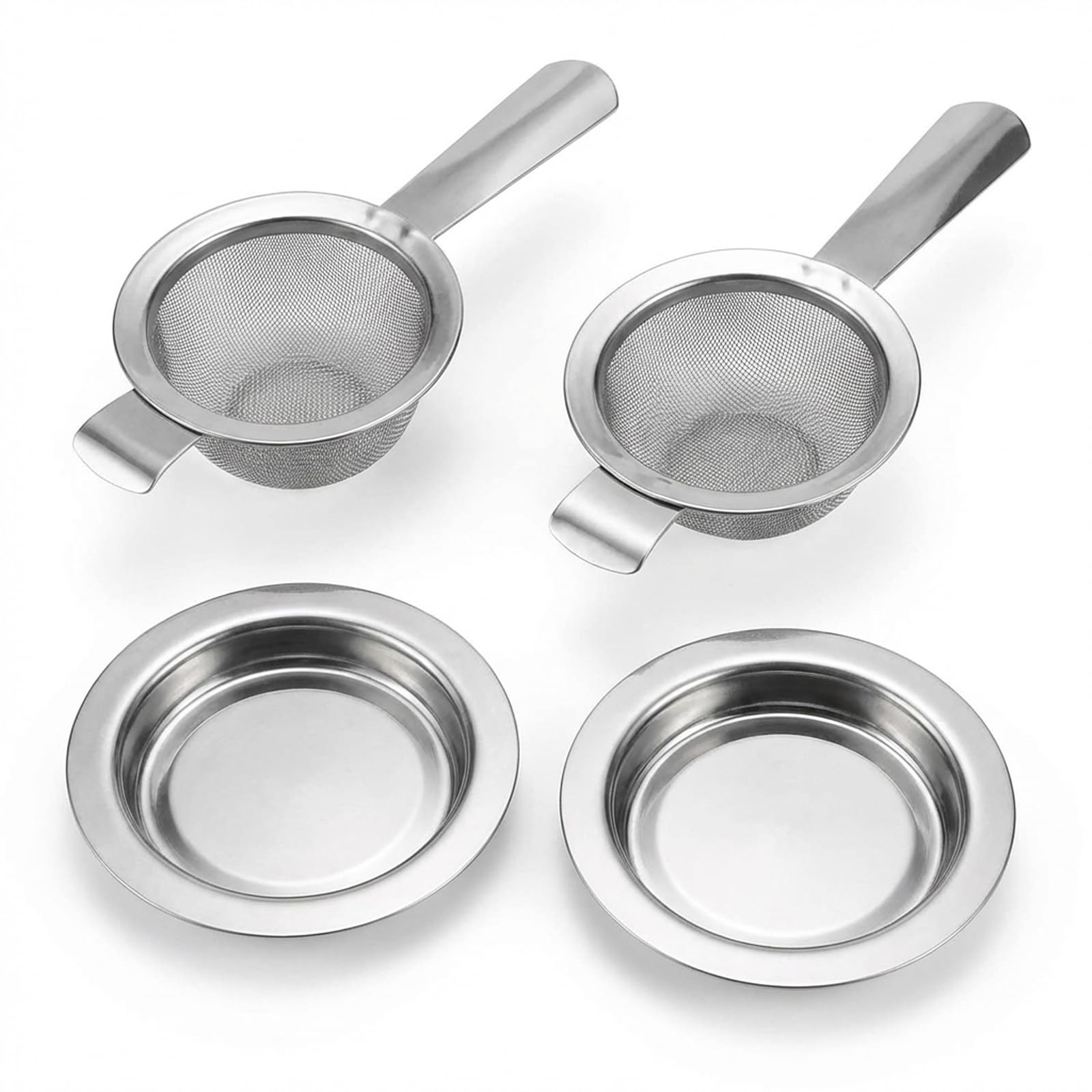 Tea Strainer Fine Mesh Stainless Steel, 4-Piece Set for Loose Tea and Coffee, Long Handle Tea Sieve Strainer with Drip Bowl, 13.7 cm Length 5.5 cm Base for Kitchen Use and Gifting