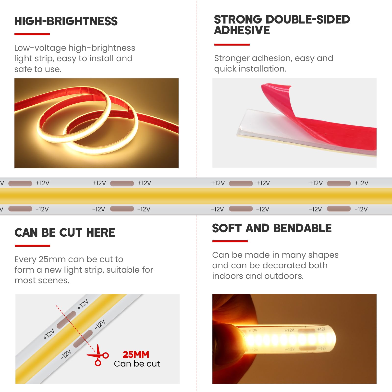 Décoration Maison Ruban LED COB 220V 50cm Coupable - Bandes Lumineuses IP67 étanche - 288 LED/m Ruban LED Coupable