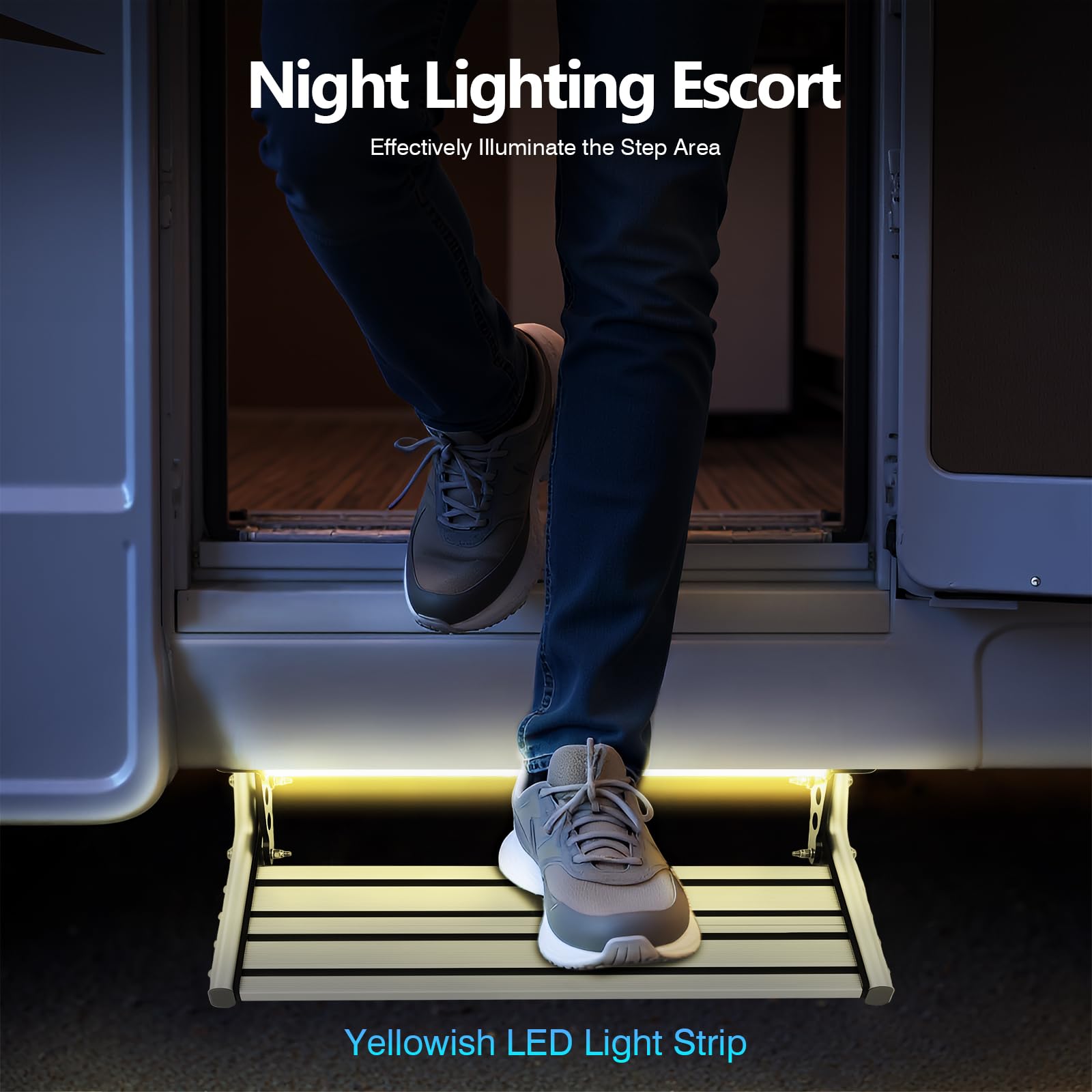 Escalón plegable para caravana, escalones retráctiles para autocaravana, escalón manual, antideslizante, con tira de luz LED
