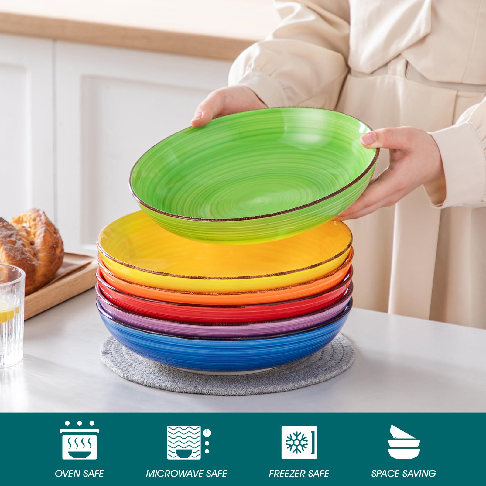 vancasso Série BONITA Lot de 6 Bol à Pâtes en Grès de 50 oz, 24.5cm, Saladier Passent au Micro-ondes et au Four à Soupe pour Cuisine, Multicoloré