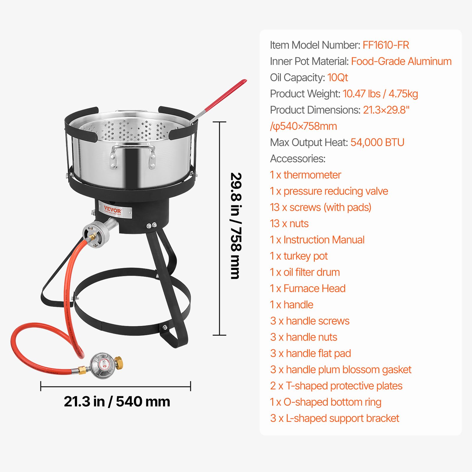 VEVOR Friteuse à poisson et ailes 9,35 l, kit de friteuse au propane en aluminium, friteuse extérieure pour fruits de mer avec thermomètre, passoire et brûleurs au propane 54000 BTU pour patio camping