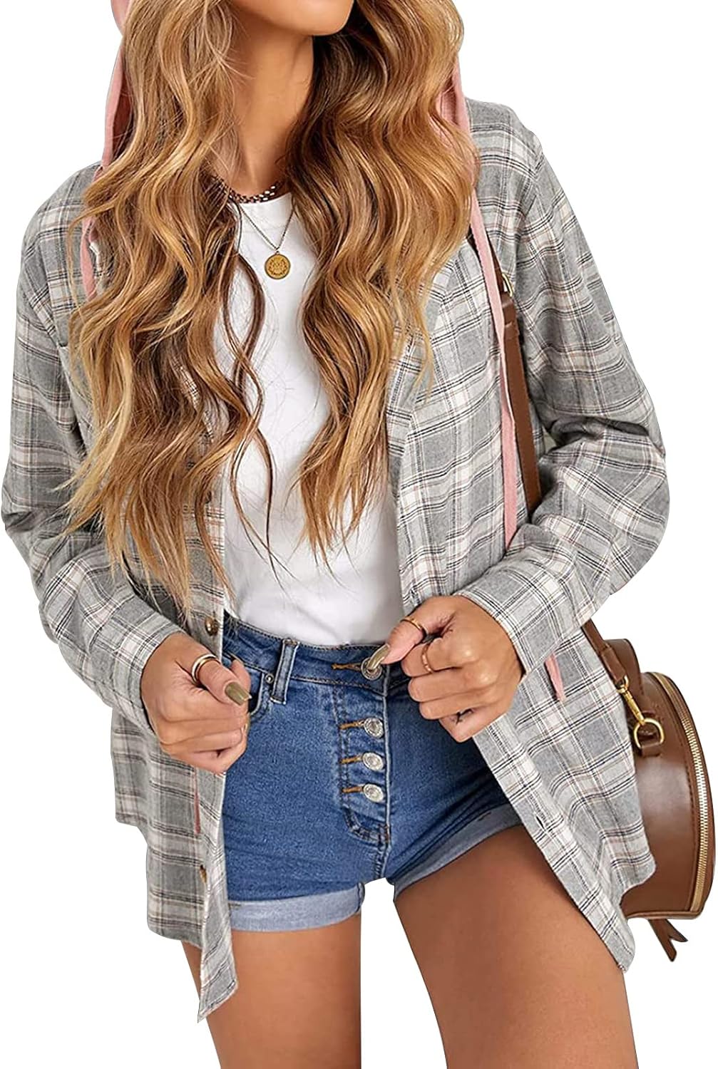Women Plaid Hooded Shirt Drawstring Flannel Sweatshirt Hoodie Jacket Casual Button Down Blouse Tops with Pocket - Image 5