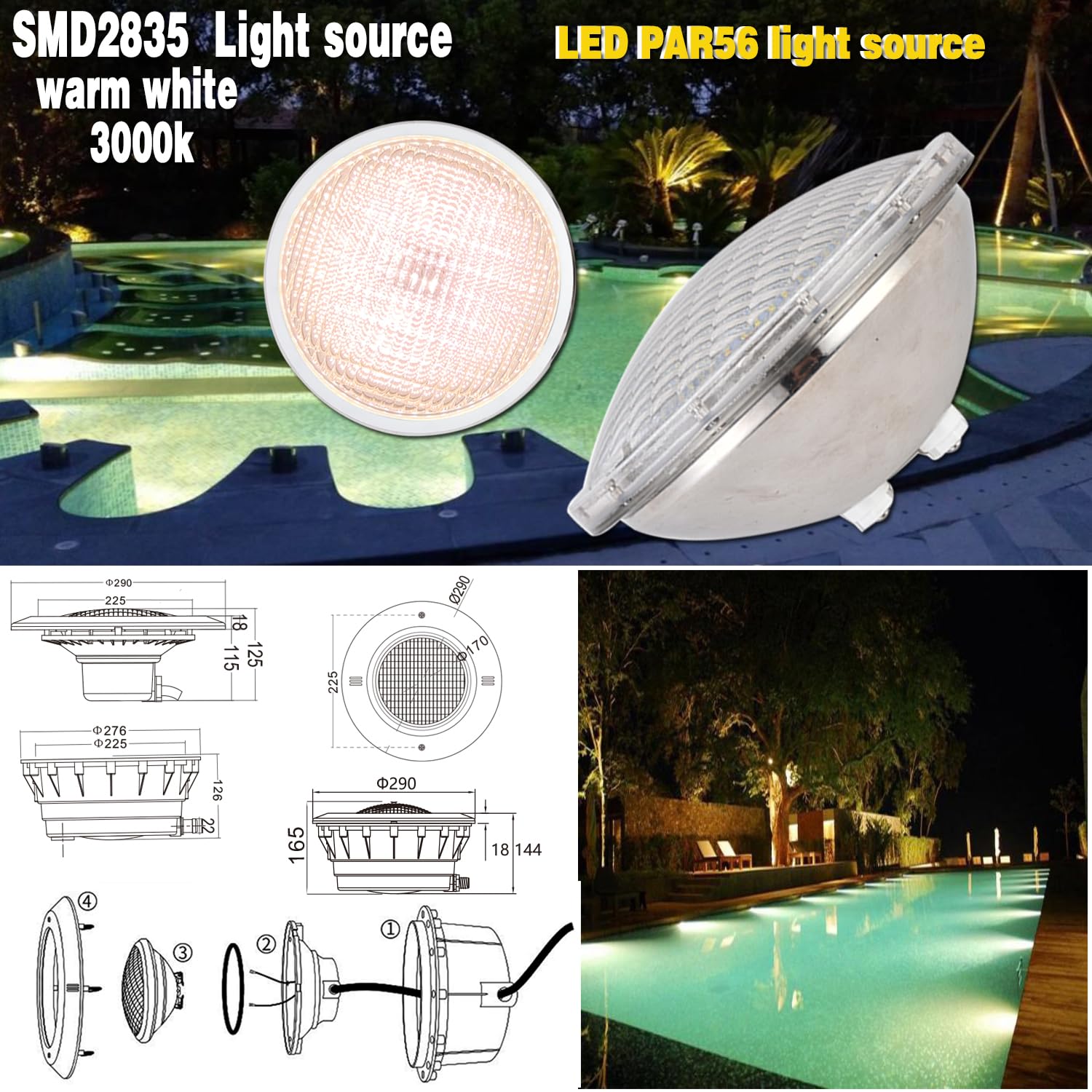 BARCELONA LED Faretto LED Piscina Sommersibile PAR56 24W 12V AC, Luce Calda e Fredda, IP68, Acciaio Inossidabile, Lampada LED per Piscina, Risparmio Energetico e Sicurezza Sott’Acqua