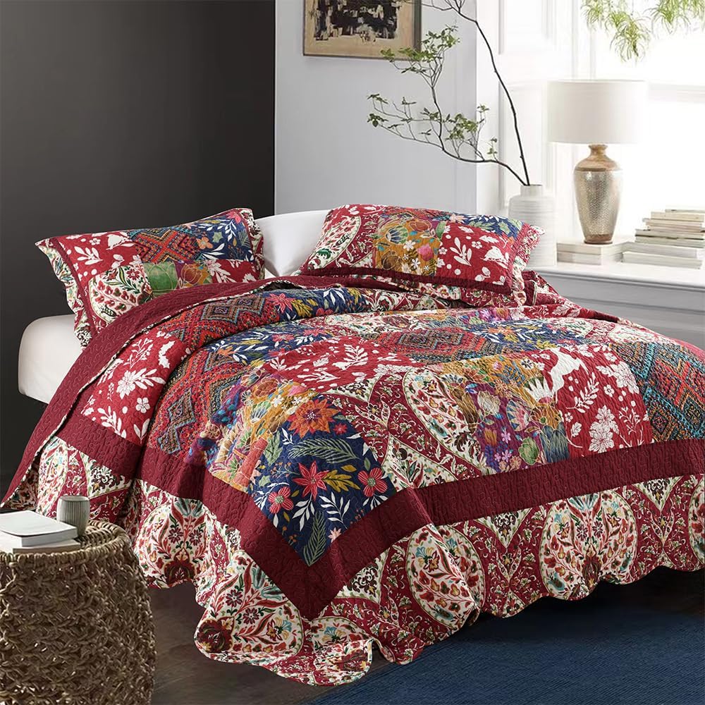 ENASAL Cotton Bedspread Quilt Sets Reversible Bedding Coverlet Sets Comforters Vintage Luxury Damask Floral Real Patchwork Burgundy Bedspread,King Size | Breathable material, Cotton soft durable, Reversible, Jacquard stitching, Machine waschable - Image 2