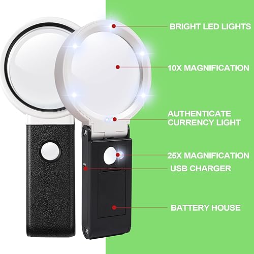 Miniatura 5 de Lupa con luz, 10X 25X de alta ampliación con iluminación LED, lupa de mano o soporte para lectura, inspección