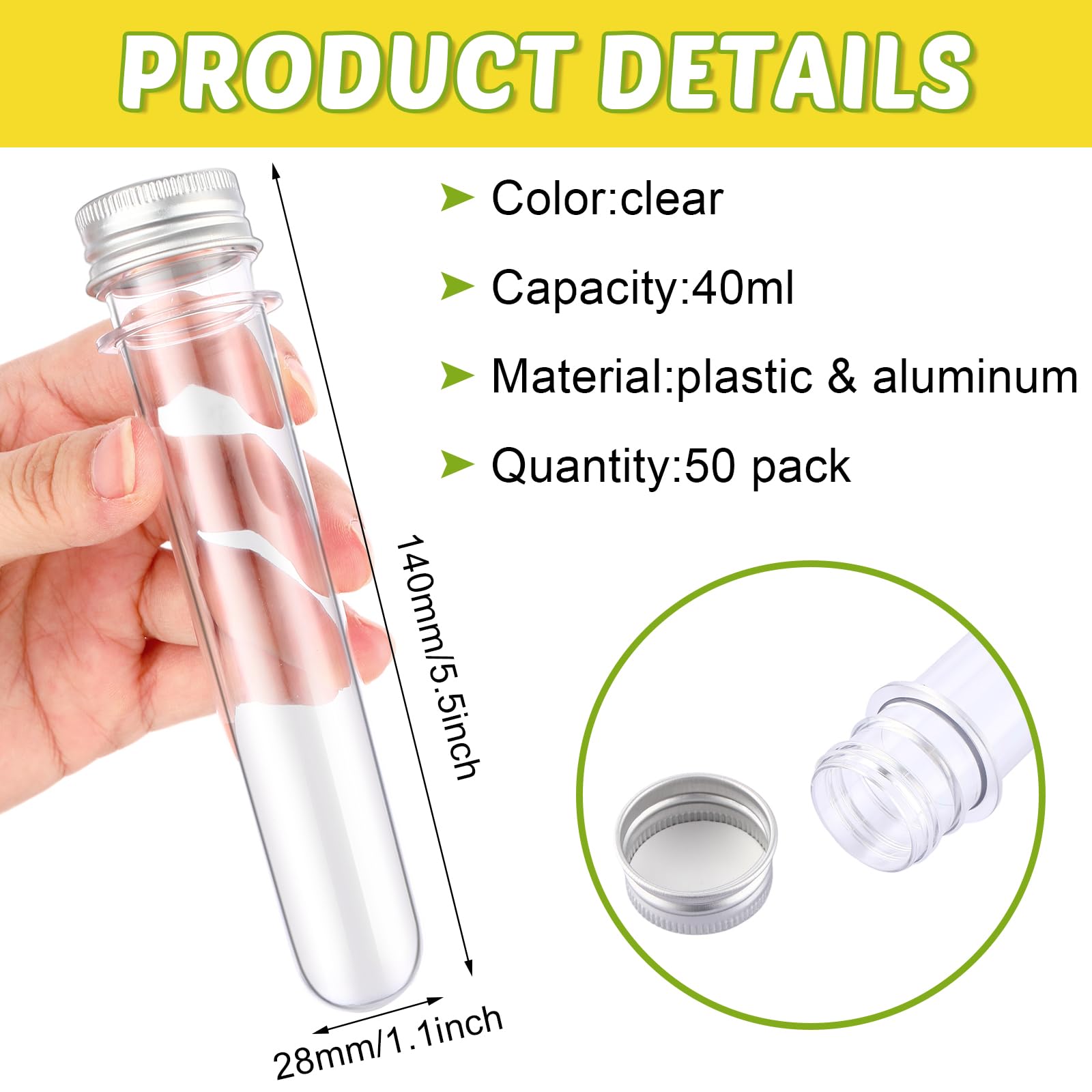 Dandat 50 provette da 40 ml in plastica con coperchio a vite, 30 x 185 mm, trasparenti, per campioni di polvere, semi, perline, regali, forniture per feste scientifiche