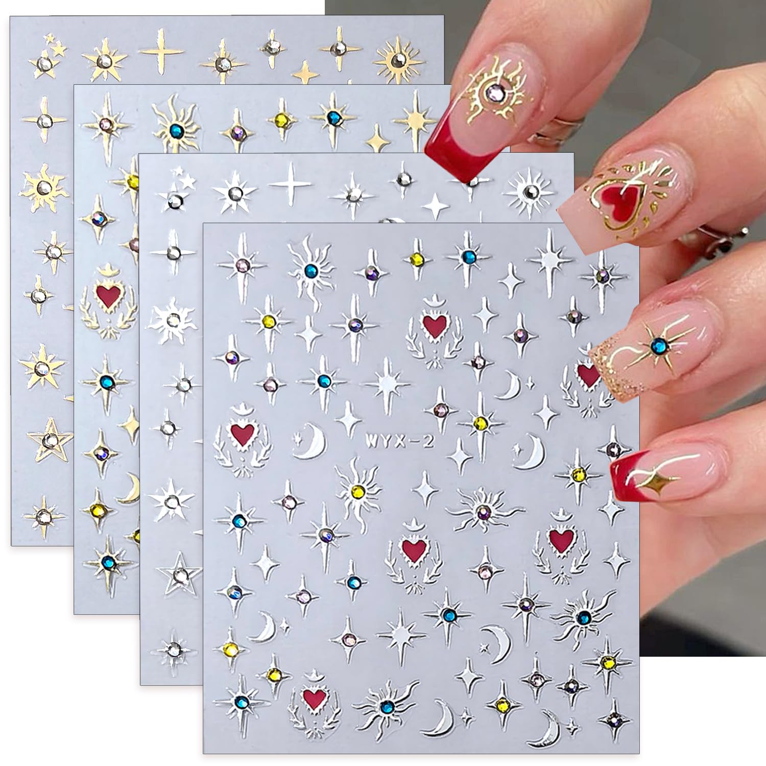 Shiny Moon Star Nail Stickers - 3D Glitter Crystal Nail Decals, Gold & Silver Nail Art Stickers, Self-Adhesive Luxury Rhinestones, Stars & Charms for