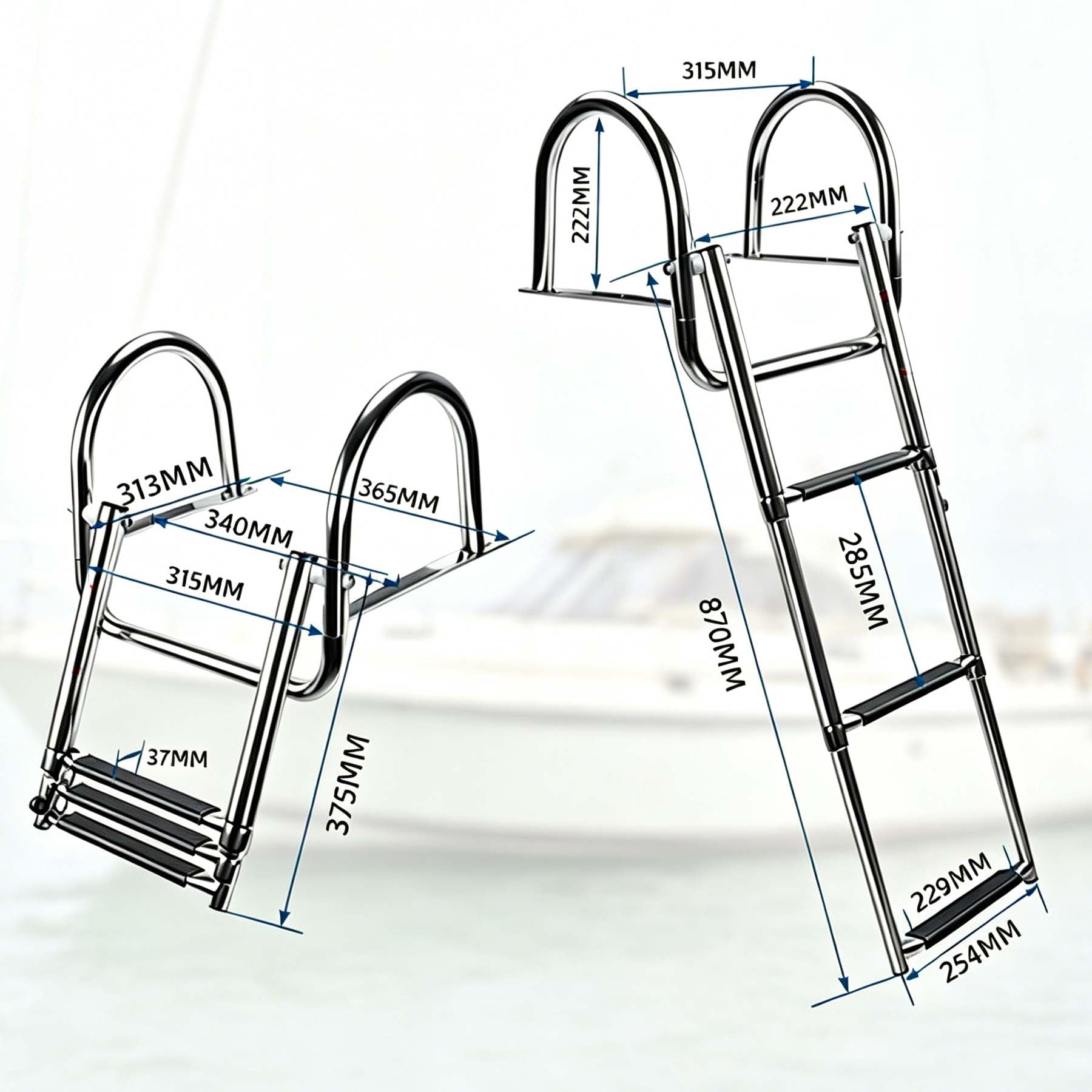 Escalera Piscina Escalera, de 3 escalones, con Acabado Pulido, Diseño Plegable, Pedales Anchos Antideslizantes, Asas Arqueadas para Barcos, Yates, Muelles.