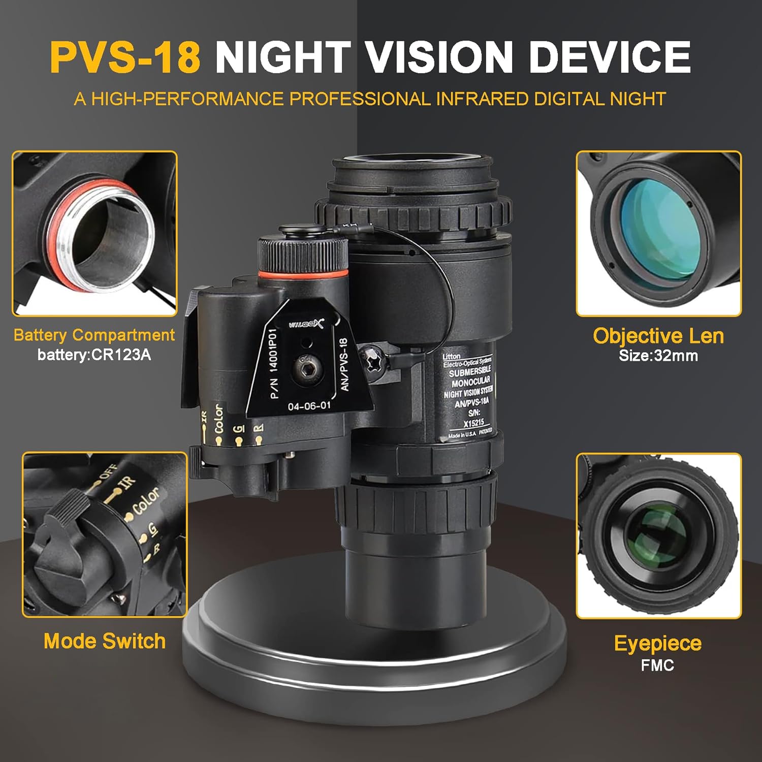 1X-1.5X 32mm Digital Night Vision PVS18, high-Performance Infrared PVS-18 Lightweight Design for Hunting