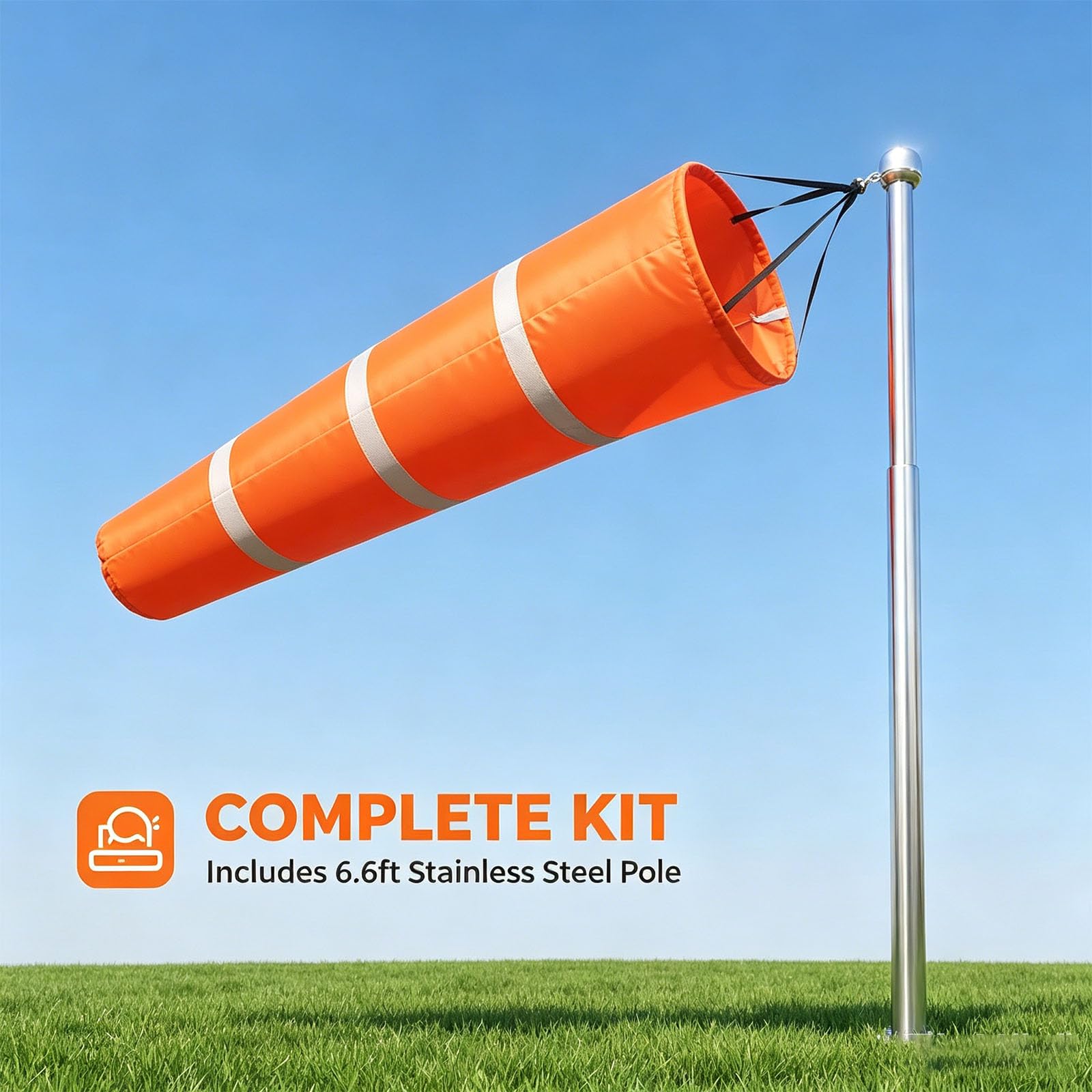 Kit di maniche a vento con asta, indicatore di direzione del vento riflettente per misurazione delle condizioni meteorologiche esterne, bandiera resistente per giardino, aeroporto e cortile, lunghezza