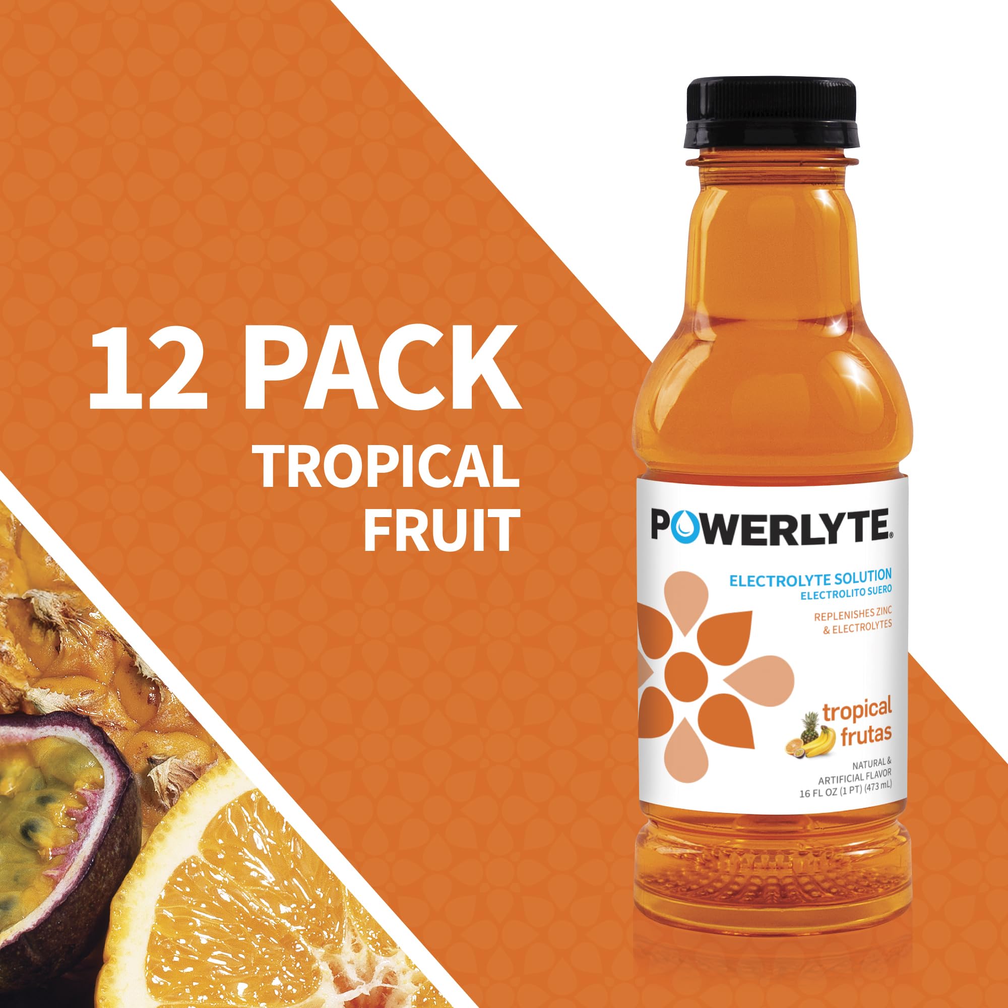 POWERLYTE Sport Hydration Electrolyte Solution Drink for Rehydration | Tropical Fruit | 16 Fl Oz | 12-Pack