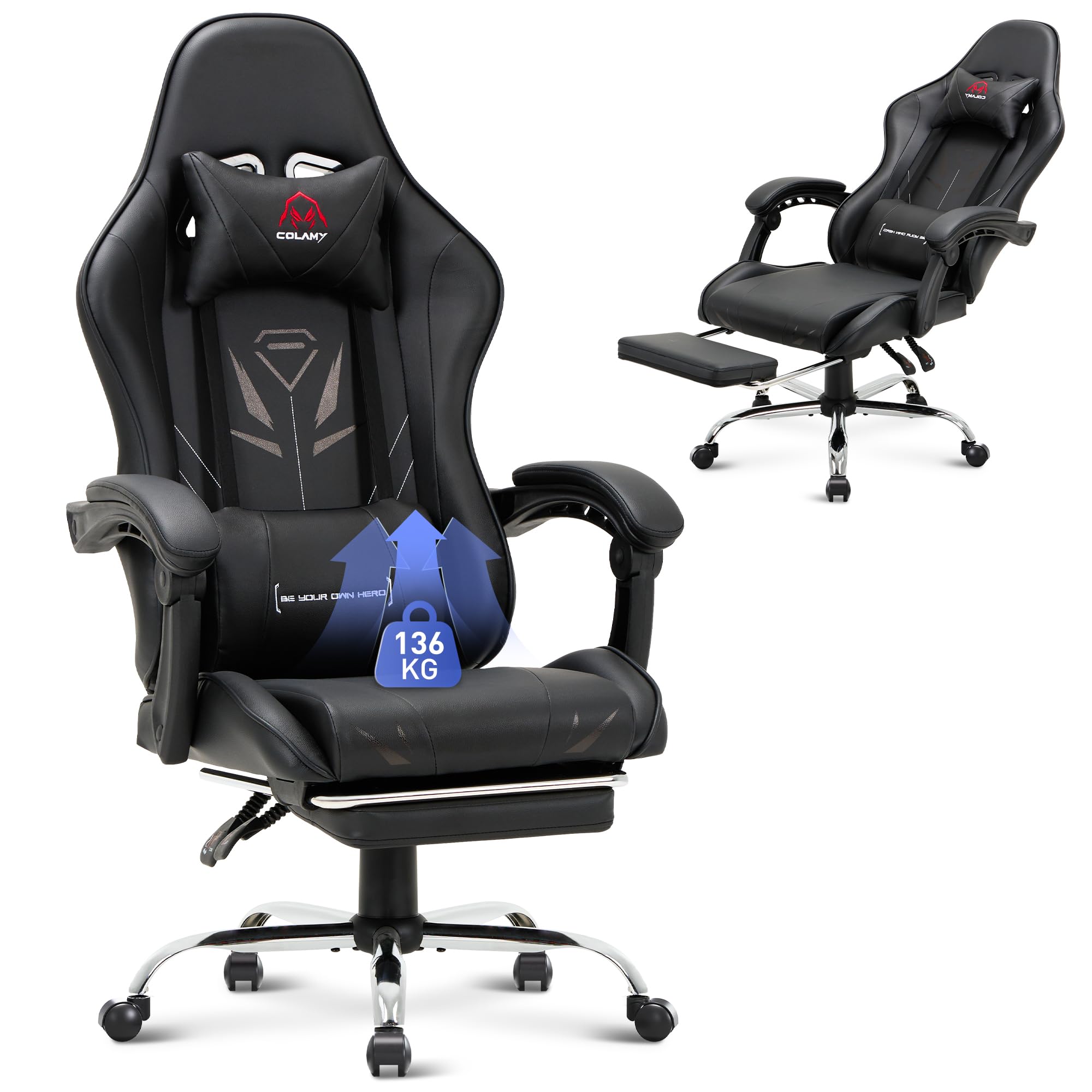 COLAMY Gaming Stuhl, Computer Stuhl mit Fußstütze und Lendenwirbelstütze, höhenverstellbarer Gaming Chair mit 360°-Drehsitz und Kopfstütze, Video Gamer PC Stuhl, Ergonomische hohe Rückenlehne, Schwarz